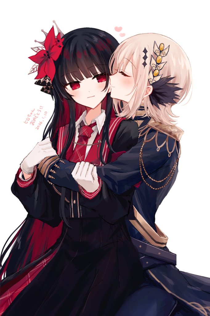 taimu (htrgt 31), hasumi leia, nikaido hiro, mahou shoujo no majo saiban, commentary request, translation request, 2girls, black hair, black jacket, black pants, black shirt, black skirt, blonde hair, blush, closed eyes, closed mouth, collared shirt, crown, dated, epaulettes, flower, hair flower, hair ornament, heart, hug, jacket, long hair, long sleeves, looking at another, multiple girls, necktie, pants, pleated skirt, profile, red eyes, red flower, red necktie, shirt, short hair, sitting, sitting on lap, sitting on person, skirt, smile, white background, yuri