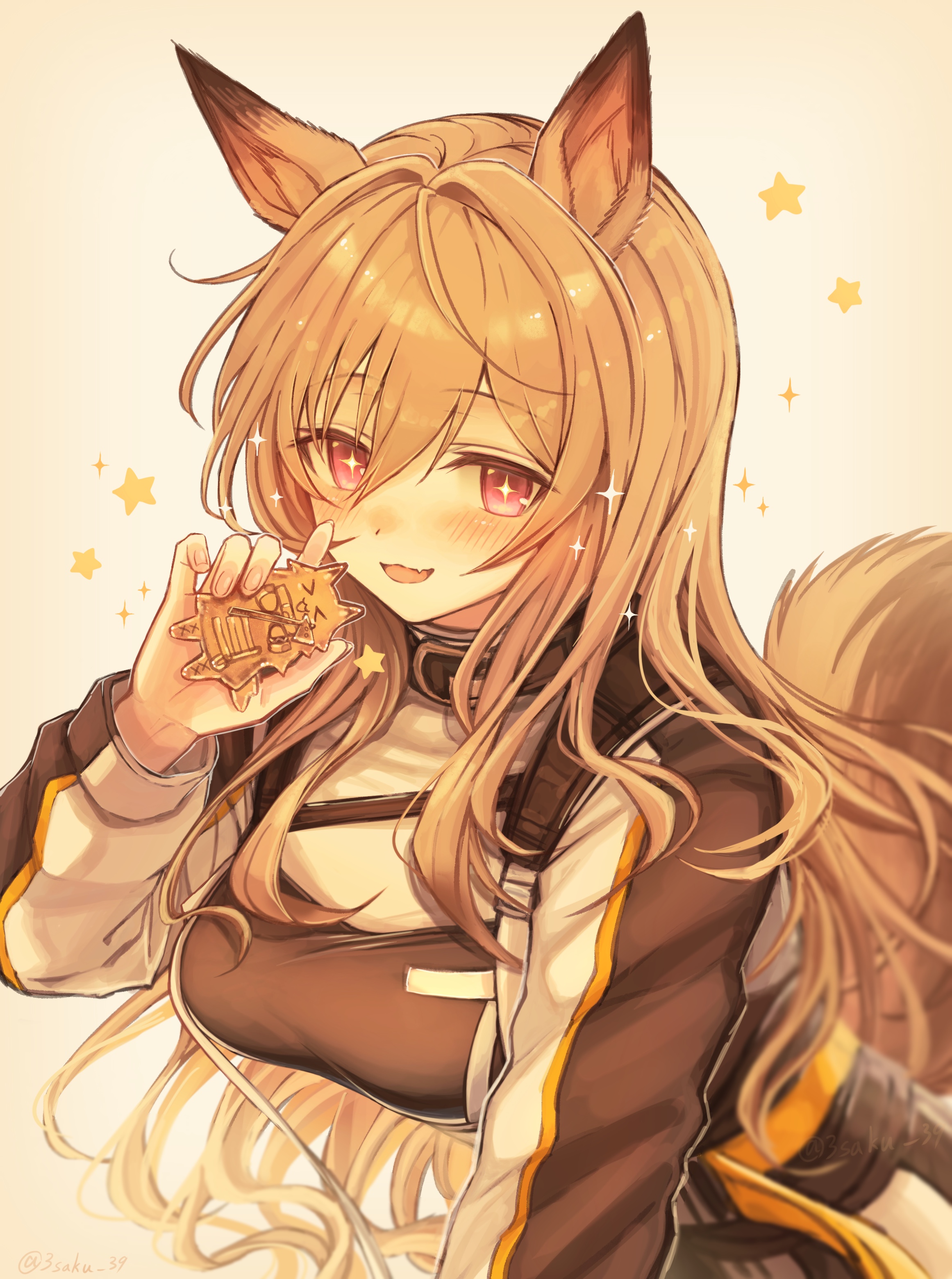 3 (sanyako1), ceobe (arknights), arknights, absurdres, commentary, highres, 1girl, animal ears, blush, breasts, brown hair, brown jacket, dog ears, dog girl, dog tail, food, holding, holding food, jacket, large breasts, leaning forward, long hair, looking at viewer, open mouth, red eyes, simple background, smile, solo, sparkle, sparkling eyes, star (symbol), tail, twitter username, upper body, very long hair, white background