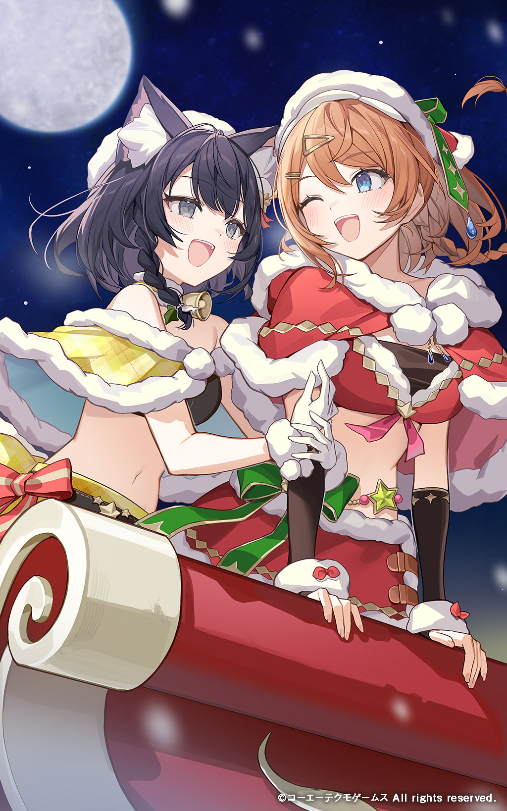 daydarion, izana kokoschka, resna sternenlicht, resna sternenlicht (starry heavens gift), atelier (series), atelier resleriana, commentary request, highres, official art, second-party source, 2girls, ;d, animal ear fluff, animal ears, bare shoulders, bell, black eyes, black hair, blue eyes, breasts, capelet, cat ears, cat girl, copyright notice, fur wrist cuffs, hair ornament, hairclip, medium breasts, midriff, multiple girls, navel, neck bell, official alternate costume, one eye closed, open mouth, orange hair, red capelet, santa costume, short hair, smile, wrist cuffs