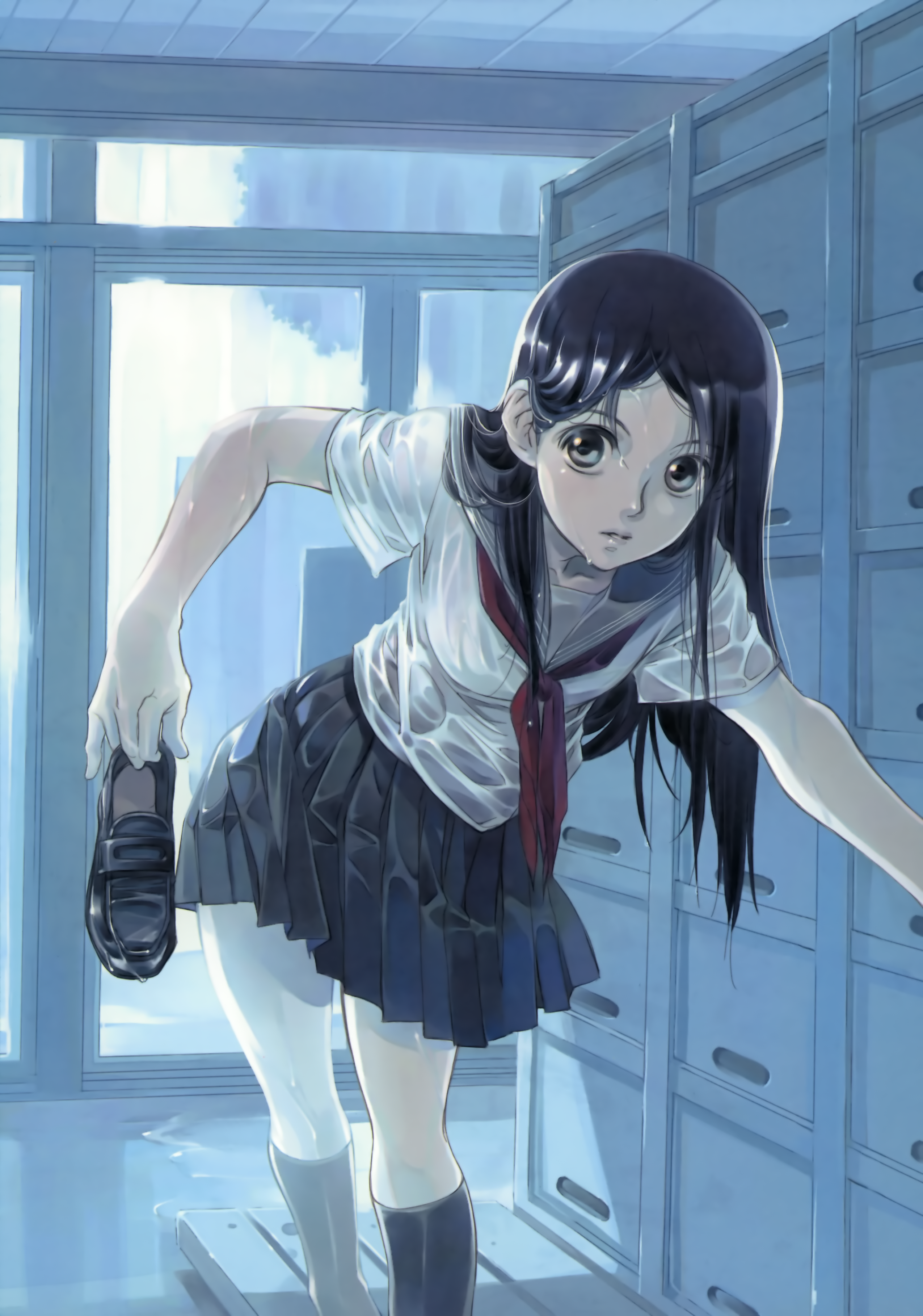 shiina yuu, original, absurdres, highres, 1girl, black eyes, black hair, black socks, blue theme, female focus, holding, holding shoes, holding unworn clothes, kneehighs, leaning forward, loafers, long hair, looking at viewer, pleated skirt, school uniform, see-through clothes, serafuku, shoes, skirt, socks, solo, unworn shoes, wet, wet clothes
