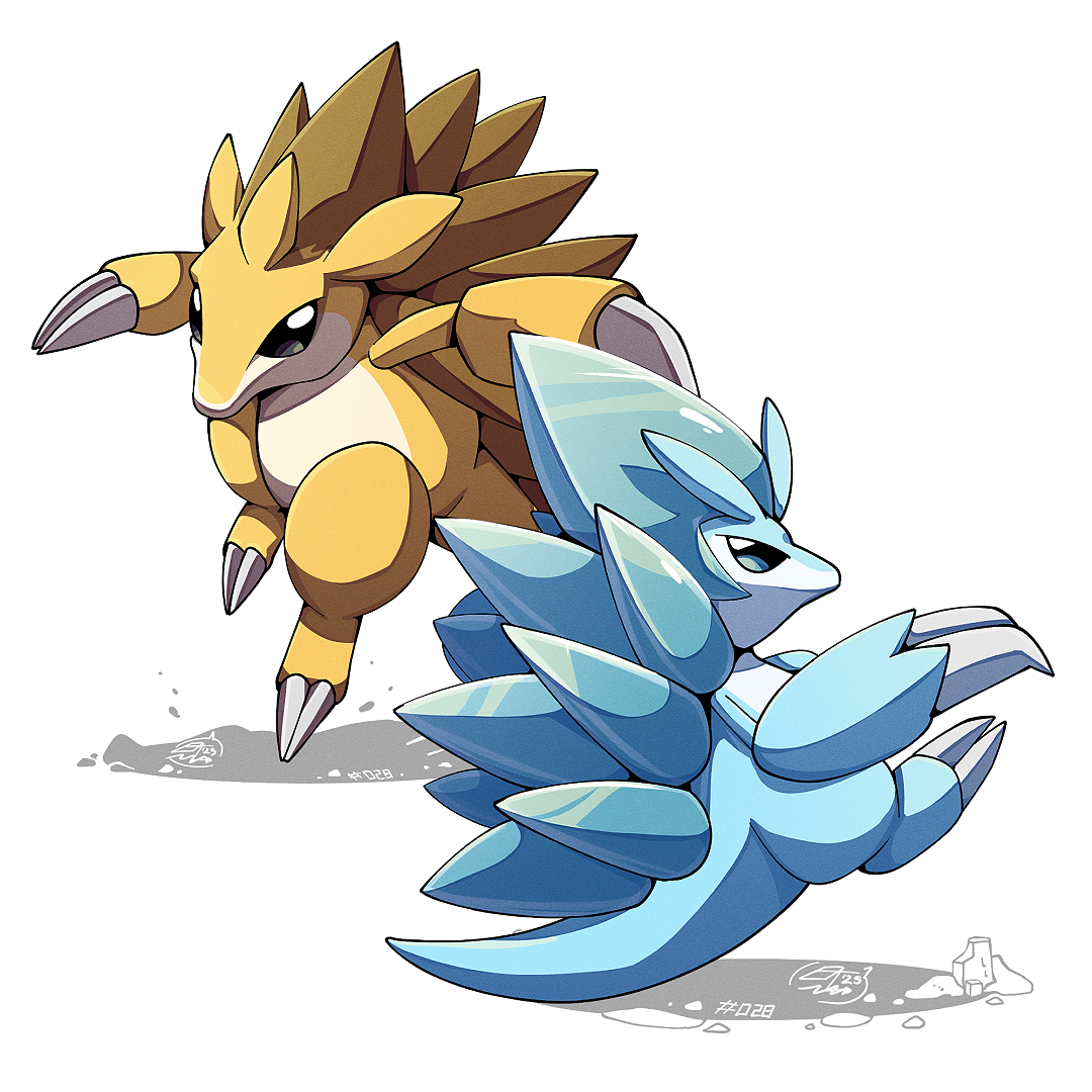 mistray-art, alolan sandslash, sandslash, nintendo, pokemon, commentary, english commentary, alolan form, claws, full body, gen 1 pokemon, gen 7 pokemon, looking at viewer, no humans, numbered, pokemon (creature), regional and normal, signature, simple background, sitting, tail, white background