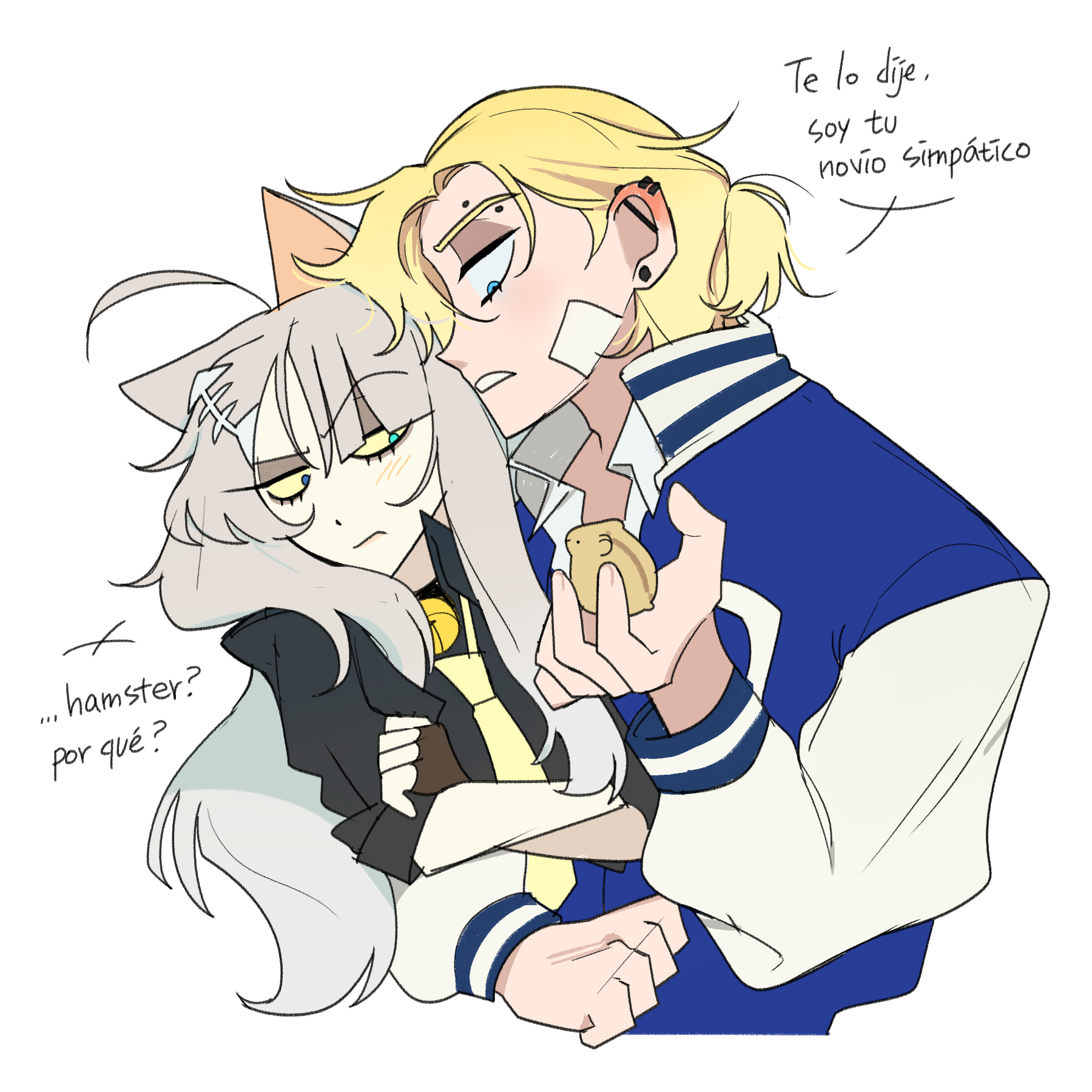 dol amlep, player character (degrees of lewdity), player character (female) (degrees of lewdity), whitney (degrees of lewdity), whitney (male) (degrees of lewdity), degrees of lewdity, highres, 1boy, 1girl, animal ears, bell, black shirt, blonde hair, blue eyes, blush, cat ears, cat girl, collared shirt, earrings, eyebrow piercing, face piercing, grey hair, hair over one eye, hamster, heterochromia, jacket, jewelry, letterman jacket, long hair, multiple earrings, neck bell, necktie, piercing, ponytail, shirt, short hair, short ponytail, simple background, spanish text, upper body, white background, white shirt