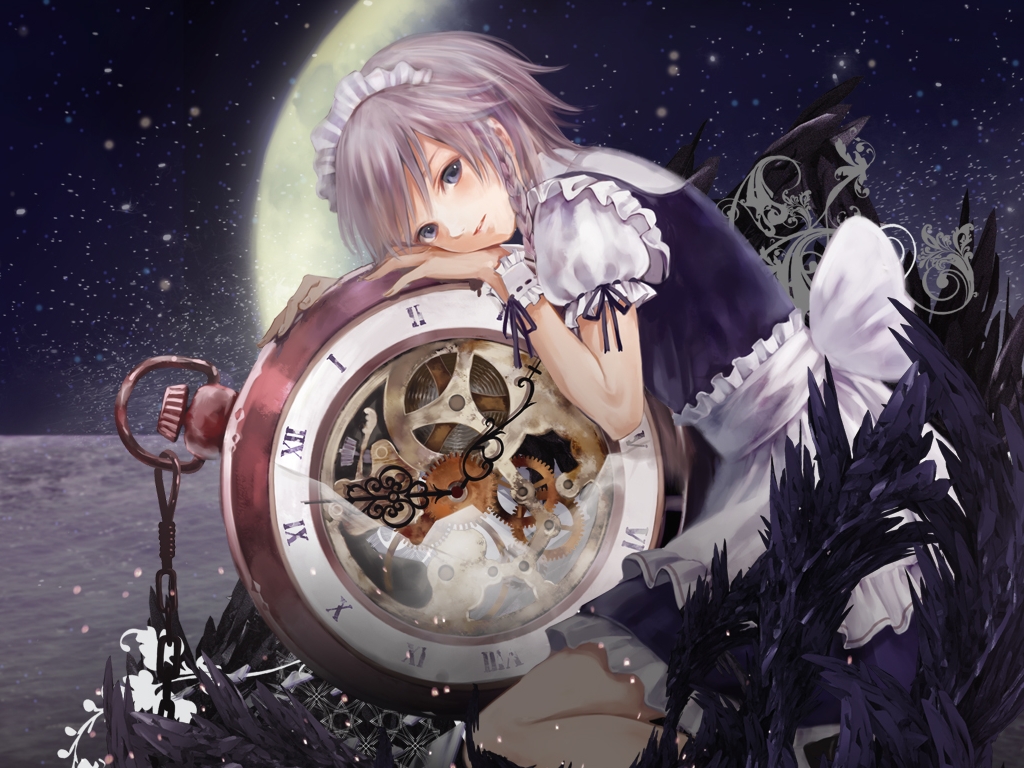fukahire (ruinon), izayoi sakuya, touhou, silver hair, duplicate, 1girl, blue eyes, braid, clock, feathers, female focus, gears, looking at viewer, maid, moon, outdoors, pocket watch, short hair, solo, space, watch