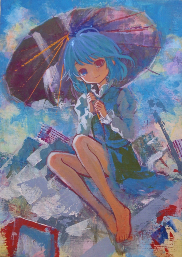 ama-tou, tatara kogasa, touhou, acrylic paint (medium), painting (medium), traditional media, 1girl, barefoot, blue eyes, blue hair, feet, female focus, foreshortening, heterochromia, matching hair/eyes, outdoors, red eyes, short hair, sitting, sky, smile, solo, umbrella