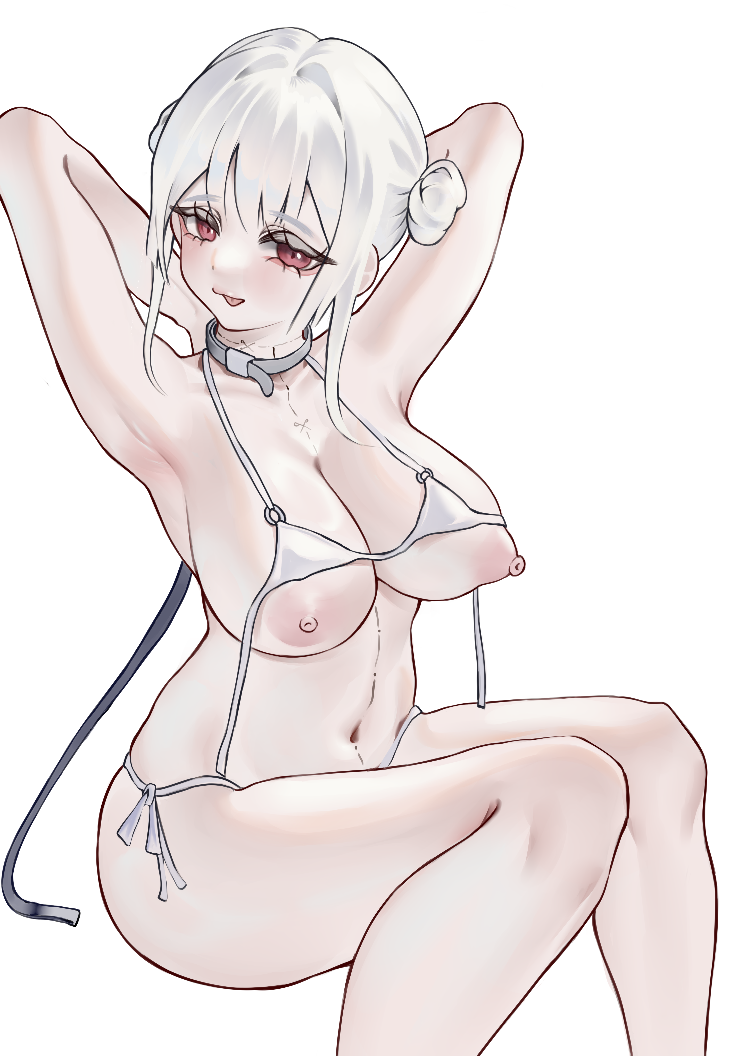 ummuleh, original, absurdres, chinese commentary, commentary request, highres, 1girl, :p, armpits, arms up, bikini, blush, breasts, cut-here line, double bun, eyelashes, hair bun, invisible chair, large breasts, leash, looking at viewer, navel, nipples, o-ring, o-ring top, red eyes, side-tie bikini bottom, simple background, sitting, solo, swimsuit, tongue, tongue out, white background, white bikini, white hair