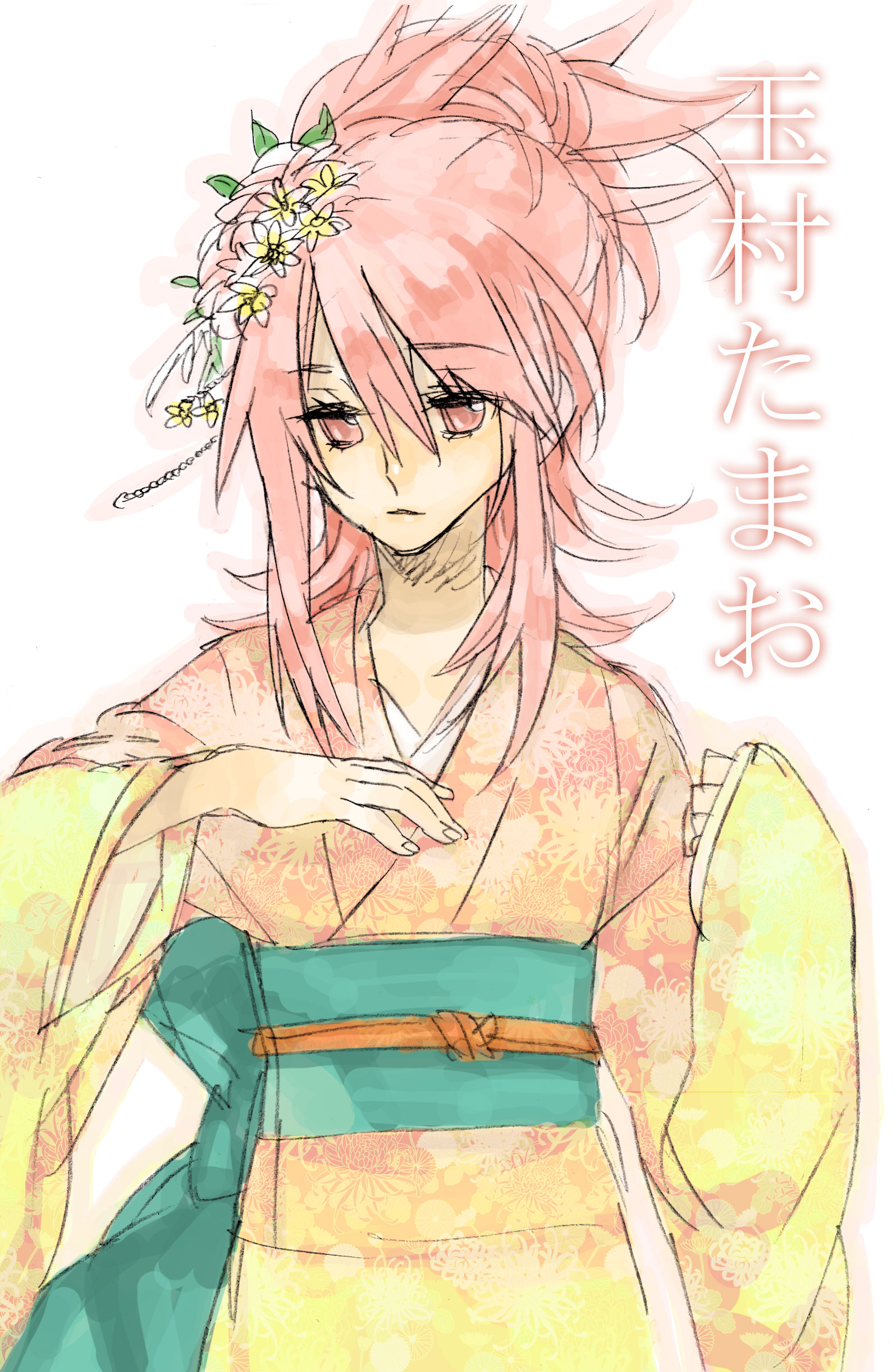 molly, tamamura tamao, shaman king, absurdres, bad id, bad pixiv id, highres, japanese clothes, kimono, long hair, pink eyes, pink hair, sketch, solo