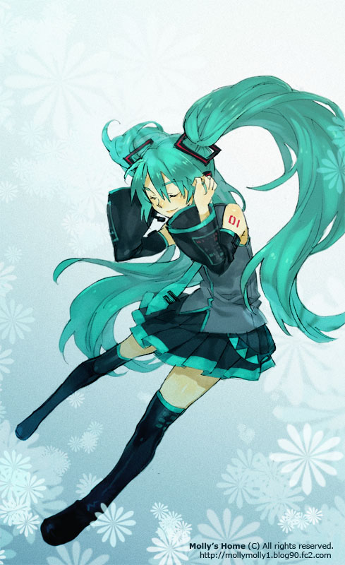 molly, hatsune miku, vocaloid, bad id, bad pixiv id, detached sleeves, green hair, headphones, headset, long hair, skirt, solo, thighhighs, twintails, very long hair