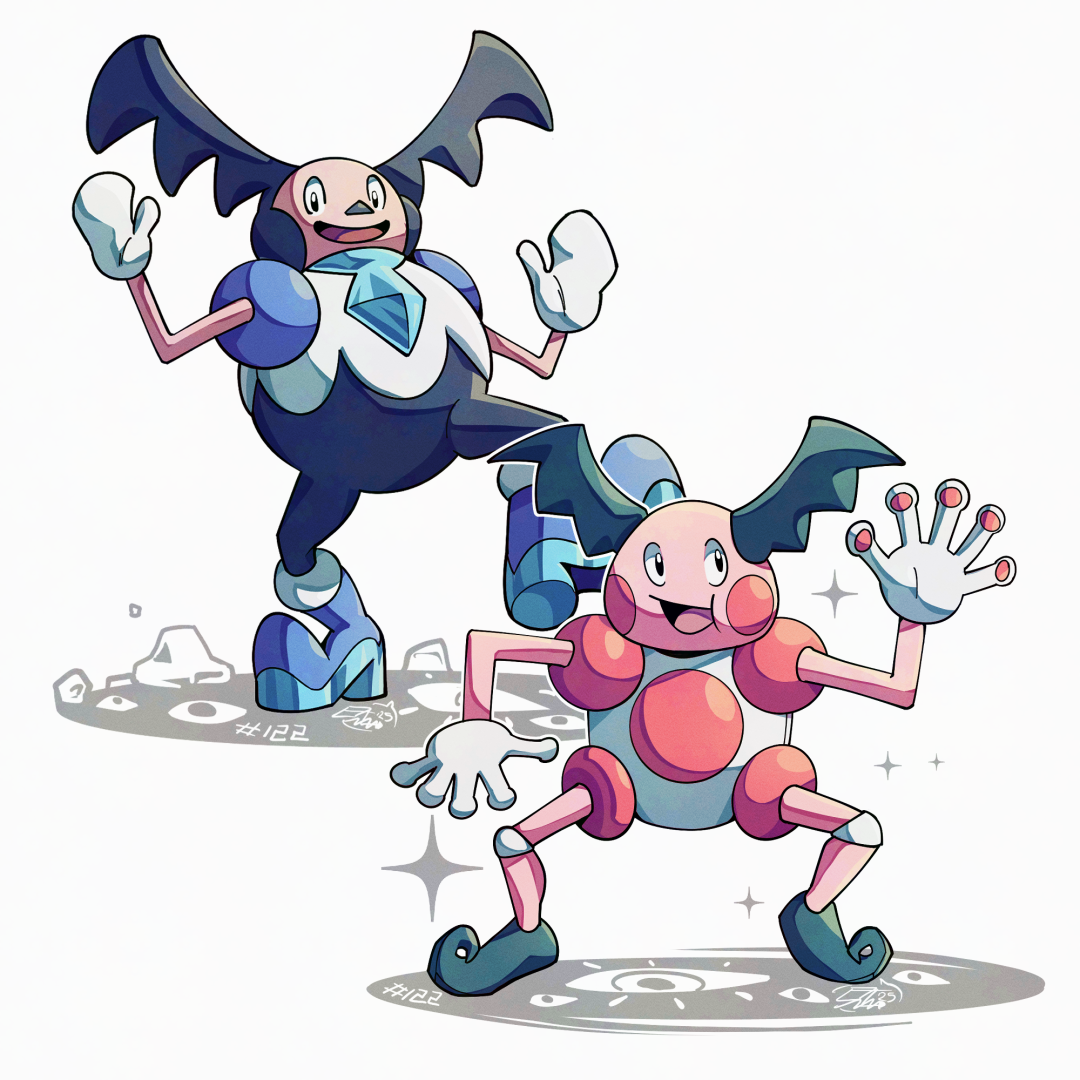 mistray-art, galarian mr. mime, mr. mime, nintendo, pokemon, commentary, english commentary, 2boys, blue shoes, clown, galarian form, gen 1 pokemon, gen 8 pokemon, gloves, grey shoes, looking at viewer, multiple boys, numbered, open mouth, pokemon (creature), regional and normal, shoes, signature, simple background, sparkle, white background, white gloves