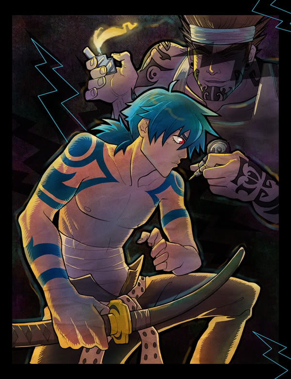 the-sly-wink, the-sly-wink (artist), kamina (ttgl), tengen toppa gurren lagann, 00s, 2boys, blue hair, fire, katana, lighter, male focus, multiple boys, ponytail, red eyes, sarashi, sword, tattoo, topless male, weapon