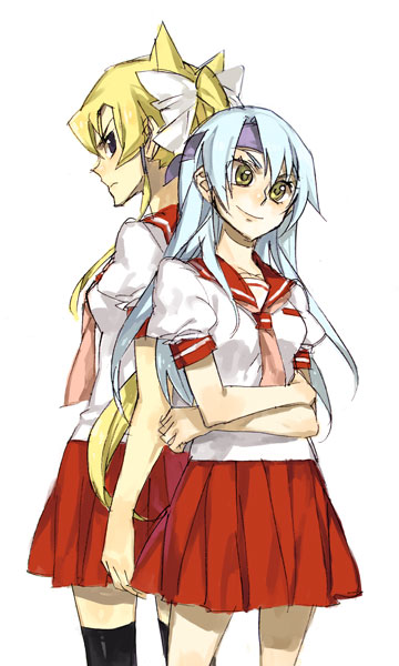 molly, jack atlas, kiryu kyosuke, yu-gi-oh!, yu-gi-oh! 5d's, bad id, bad pixiv id, gender request, 00s, 2girls, blonde hair, blue hair, genderswap, headband, long hair, multiple girls, school uniform, skirt, thighhighs, yellow eyes
