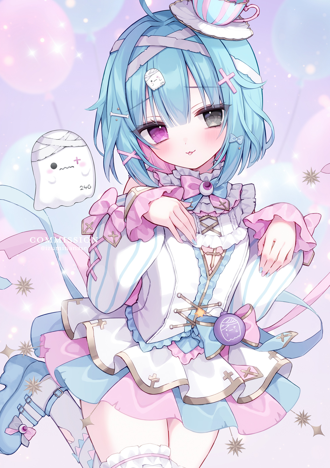 izumi nanase, commentary request, commission, copyright request, highres, skeb commission, 1girl, :p, ahoge, blue bow, blue hair, blue nails, blue shoes, blue skirt, bone hair ornament, bow, cartoon bone, cross hair ornament, ghost, grey eyes, hair bow, hair ornament, heterochromia, long sleeves, looking at viewer, multicolored hair, multicolored nails, nail polish, pink eyes, pink hair, pink nails, pink skirt, pleated skirt, puffy long sleeves, puffy sleeves, shirt, shoes, skirt, sleeves past wrists, solo, thighhighs, tilted headwear, tongue, tongue out, two-tone hair, virtual youtuber, watermark, white shirt, white thighhighs