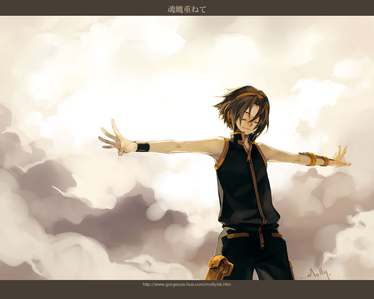 molly, asakura yoh, shaman king, 1boy, brown hair, headphones, letterboxed, male focus, sky, solo
