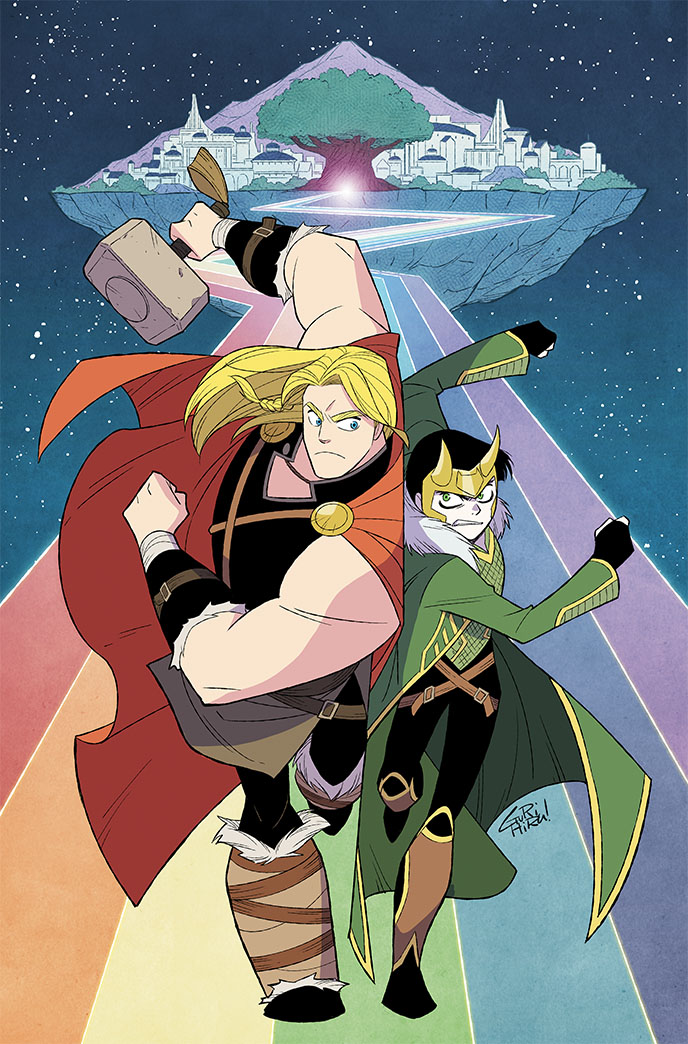 gurihiru, loki (marvel), thor (marvel), marvel, thor (marvel) (series), comic cover, commentary request, official art, 2boys, armor, black gloves, black hair, black pants, black shirt, blonde hair, blue eyes, braid, breastplate, brothers, bumping, cape, coat, eye contact, fake horns, fingerless gloves, frown, full body, fur-trimmed coat, fur trim, gloves, green armor, green coat, green eyes, hammer, holding, holding hammer, holding weapon, horned headwear, horns, long hair, looking at another, looking to the side, male focus, mjolnir (marvel), multiple boys, muscular, muscular male, pants, rainbow, red cape, scale armor, shin guards, shirt, short hair, siblings, weapon, yggdrasil