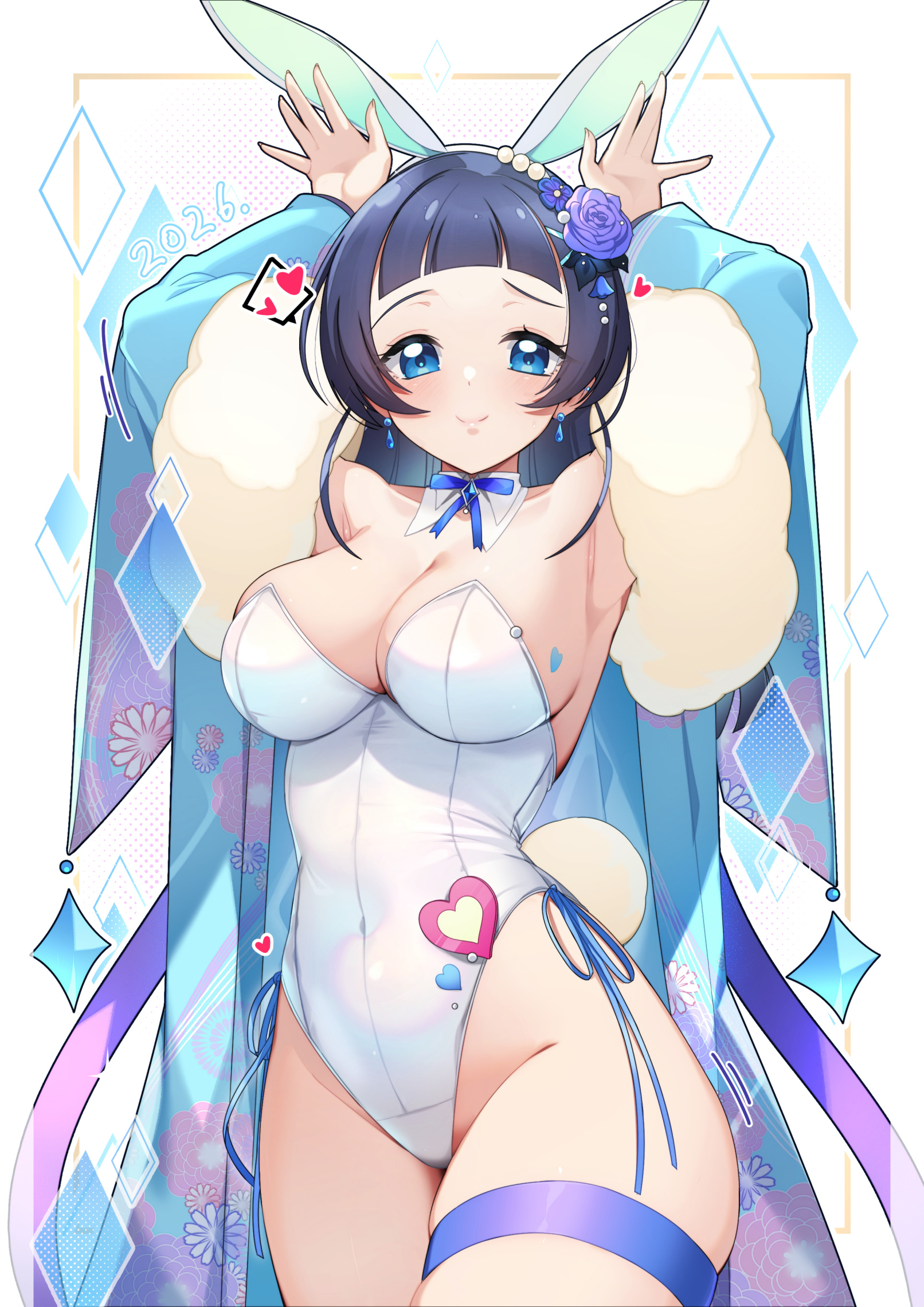 rumo, aokaze nana, kimi to idol precure, precure, highres, 1girl, animal ears, bare shoulders, blue eyes, blue hair, blue kimono, blush, bow, bowtie, breasts, cleavage, detached collar, fake animal ears, flower, hair flower, hair ornament, japanese clothes, kimono, leg wrap, leotard, long hair, looking at viewer, open clothes, open kimono, playboy bunny, rabbit ears, rabbit tail, smile, strapless, strapless leotard, tail, white background, wrist cuffs