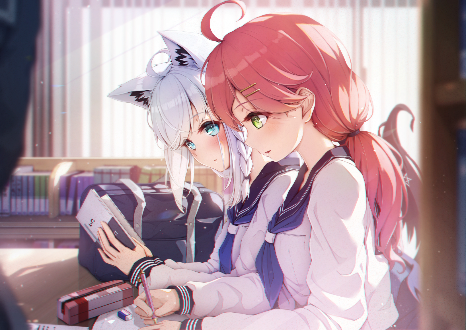 imo bouya, sakura miko, shirakami fubuki, hololive, commentary request, highres, 2girls, ahoge, animal ear fluff, animal ears, aqua eyes, black sailor collar, blue neckerchief, braid, eraser, fox ears, fox girl, fox tail, from side, green eyes, holding, holding pencil, indoors, long hair, long sleeves, looking at another, multiple girls, neckerchief, notebook, open mouth, pencil, pencil case, pentagram, pink hair, sailor collar, school uniform, serafuku, tail, upper body, very long hair, white hair