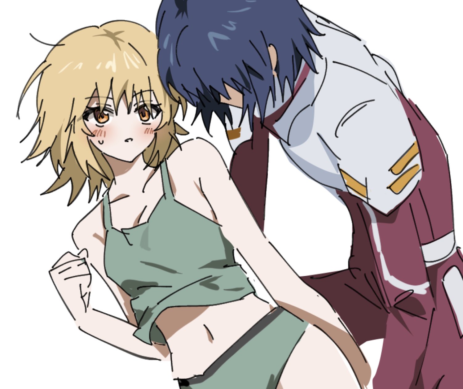 syst098, athrun zala, cagalli yula athha, gundam, gundam seed, commentary request, highres, korean commentary, 1boy, 1girl, bare arms, bare shoulders, blonde hair, blue hair, blush, breasts, brown hair, camisole, cleavage, green camisole, green panties, hair between eyes, hetero, jacket, looking at another, medium breasts, medium hair, messy hair, midriff, navel, panties, pants, parted lips, red jacket, red pants, sketch, sweatdrop, underwear, upper body, white background