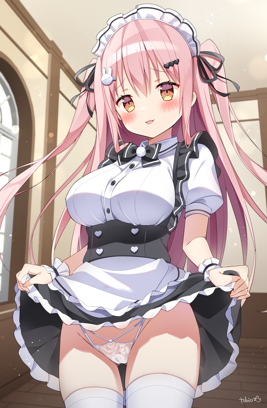 tobio illust, original, commentary request, highres, 1girl, :p, black bow, black bowtie, black ribbon, black skirt, blush, bow, bowtie, breasts, buttons, closed mouth, clothes lift, collared shirt, cowboy shot, frilled skirt, frills, hair ornament, hair ribbon, heart, heart hair ornament, lace, lace panties, large breasts, lifting own clothes, long hair, maid, maid headdress, panties, pink hair, rabbit hair ornament, ribbon, shirt, short sleeves, signature, skirt, skirt lift, solo, thighhighs, tongue, tongue out, two side up, underwear, white panties, white shirt, white thighhighs, wrist cuffs, yellow eyes