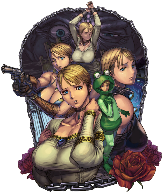 ibanen, fiona belli, lorenzo belli, capcom, demento, bad id, bad pixiv id, 1girl, alternate costume, animal costume, bdsm, bikini, blonde hair, blouse, blue eyes, bondage, bound, breasts, brown flower, chain, choker, cleavage, cuffs, flower, frog costume, gloves, gun, handgun, large breasts, leather, multiple views, ponytail, revolver, rose, shackles, shirt, swimsuit, weapon