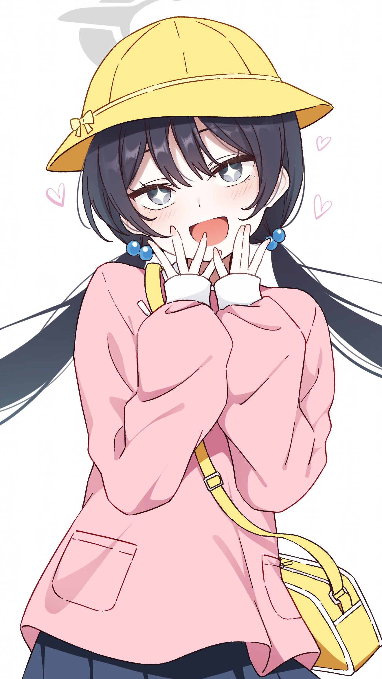 nagami yuu, kisaki (blue archive), kisaki (kindergarten uniform) (blue archive), blue archive, commentary request, highres, + +, 1girl, :d, bag, black hair, black skirt, blush, grey eyes, hair between eyes, hair bobbles, hair ornament, halo, hand to own mouth, hands up, hat, head tilt, heart, kindergarten bag, kindergarten uniform, long hair, long sleeves, looking at viewer, low twintails, open mouth, pink shirt, pleated skirt, puffy long sleeves, puffy sleeves, school hat, shirt, skirt, sleeves past wrists, smile, solo, twintails, very long hair, yellow hat