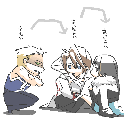 rinoa heartilly, seifer almasy, squall leonhart, final fantasy, final fantasy viii, lowres, 1990s (style), black hair, blonde hair, blue eyes, brown hair, chibi, green eyes, japanese clothes, miko