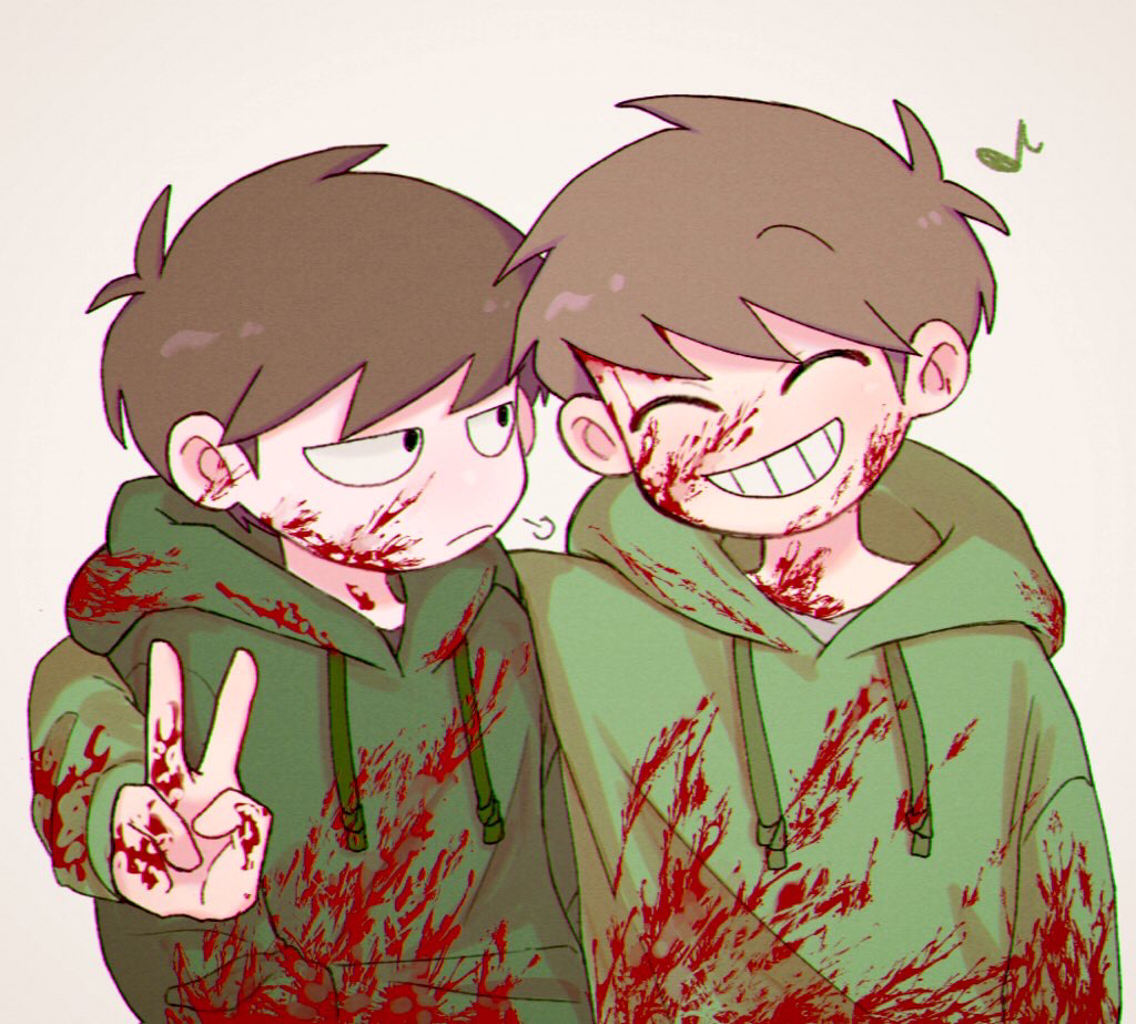 edd (eddsworld), eddsworld, commentary request, 2boys, ^ ^, antenna hair, arm around shoulder, black eyes, blood, blood on clothes, blood on face, blood splatter, brown hair, closed eyes, drawstring, dual persona, frown, green hoodie, grin, hair behind ear, hood, hood down, hoodie, jitome, long sleeves, male focus, mau (edd tom), multiple boys, musical note, prototype design, short hair, simple background, smile, swept bangs, upper body, v, white background