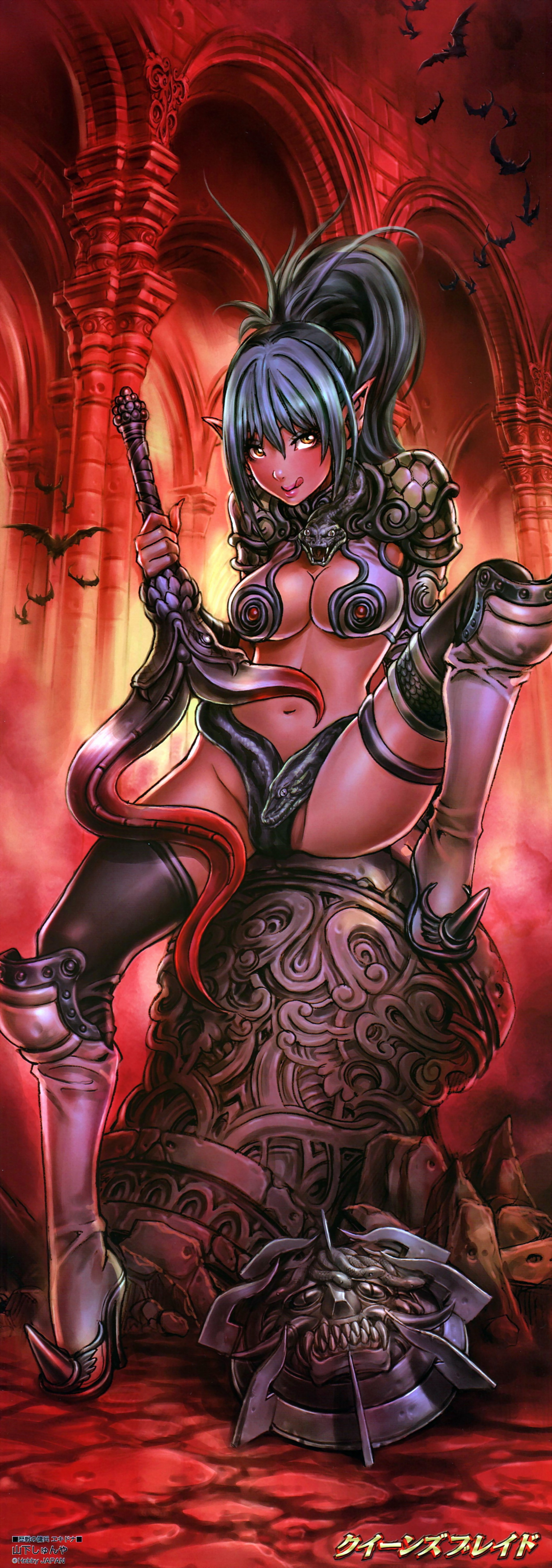 yamashita shun'ya, echidna (queen's blade), veteran mercenary echidna, queen's blade, absurdres, highres, long image, tall image, 00s, 1girl, armor, bat (animal), blue hair, boots, breasts, cleavage, female focus, high ponytail, jewelry, large breasts, licking lips, lipstick, long hair, makeup, navel, orange eyes, pointy ears, ponytail, shoulder pads, sitting, snake, solo, spread legs, stick poster, sword, thigh boots, thighhighs, thighlet, tongue, tongue out, weapon