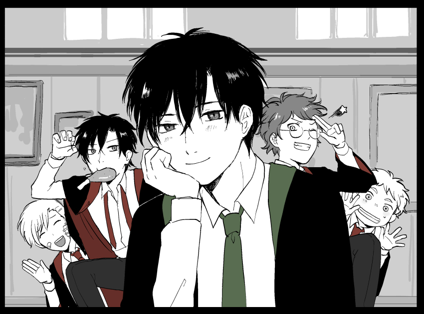 pixiv id 8543316, james potter, peter pettigrew, regulus black, remus lupin, sirius black, harry potter (series), wizarding world, 5boys, arm up, bandages, bandaid, bandaid on face, black hair, black robe, blush, chicken (food), chicken leg, closed eyes, collar, food, food in mouth, glasses, green necktie, gryffindor, hair between eyes, hogwarts school uniform, looking at viewer, male focus, monochrome, multiple boys, necktie, one eye closed, open mouth, parted lips, red necktie, robe, school uniform, shirt, short hair, slytherin, smile, star (symbol), sweat, sweatdrop, teeth, upper teeth only, waves, white shirt, window, wing collar, wink