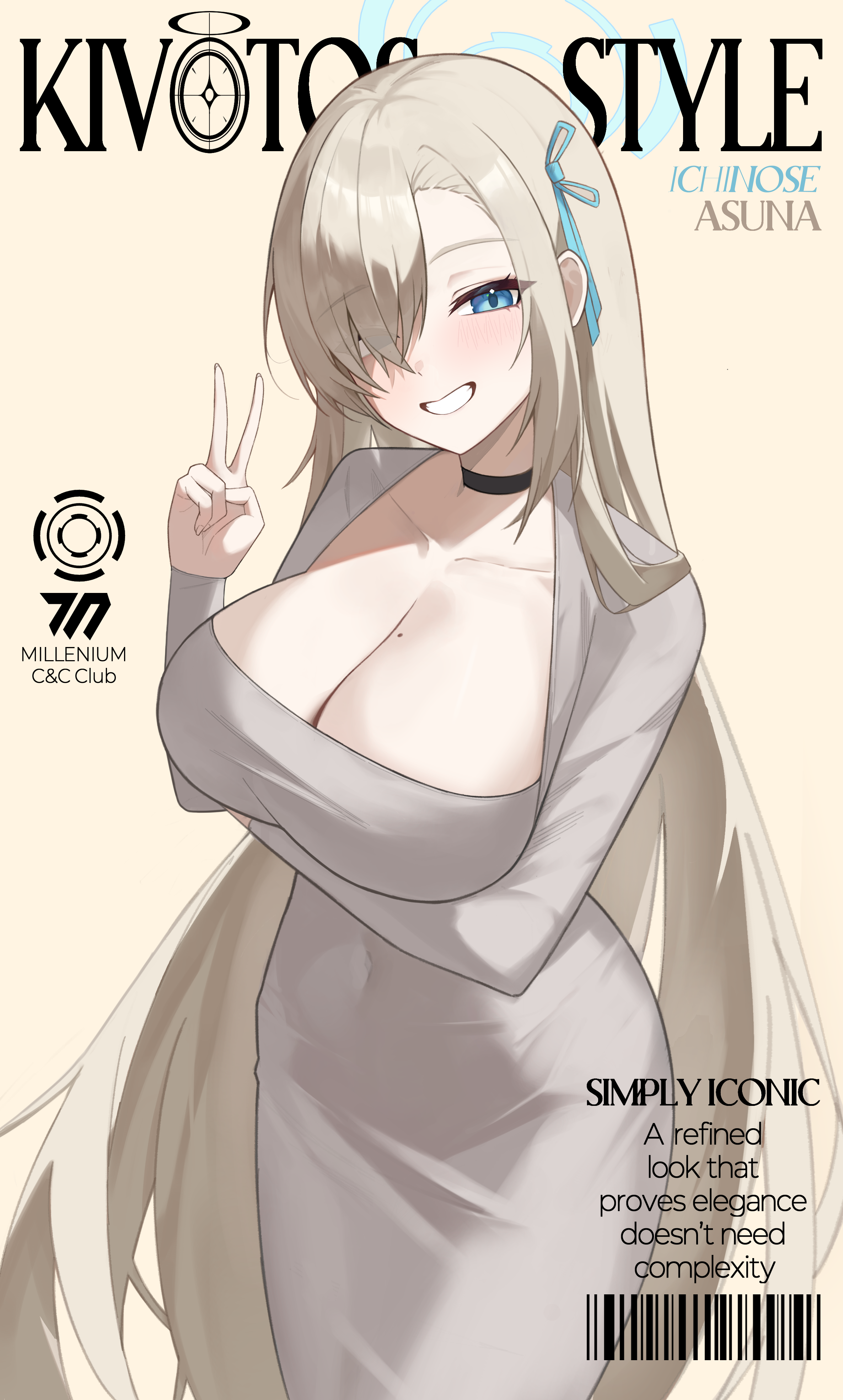 lumoon, asuna (blue archive), blue archive, absurdres, commentary request, highres, 1girl, barcode, blonde hair, blue eyes, blue halo, breasts, choker, cleavage, collarbone, cover, covered groin, covered navel, crossed arms, dongtan dress, dress, grey dress, grin, hair over one eye, hair ribbon, halo, large breasts, long hair, looking at viewer, magazine cover, millennium science school logo, mole, mole on breast, ribbon, schale logo, smile, solo, v, very long hair