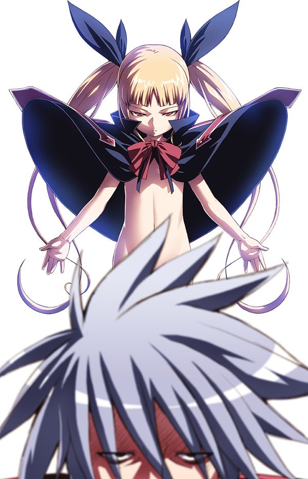 tasaka shinnosuke, rachel alucard, ragna the bloodedge, arc system works, blazblue, silver hair, 1boy, 1girl, age difference, angry, backlighting, blonde hair, blunt bangs, blurry, bow, cape, censored, convenient censoring, convenient head, depth of field, flat chest, frown, groin, hair ribbon, high collar, loli, long hair, looking at viewer, low twintails, naked cape, navel, nude, parted bangs, red bow, red eyes, ribbon, short hair, short twintails, simple background, spiked hair, twintails, vampire, very long hair, white background, wind, wind lift