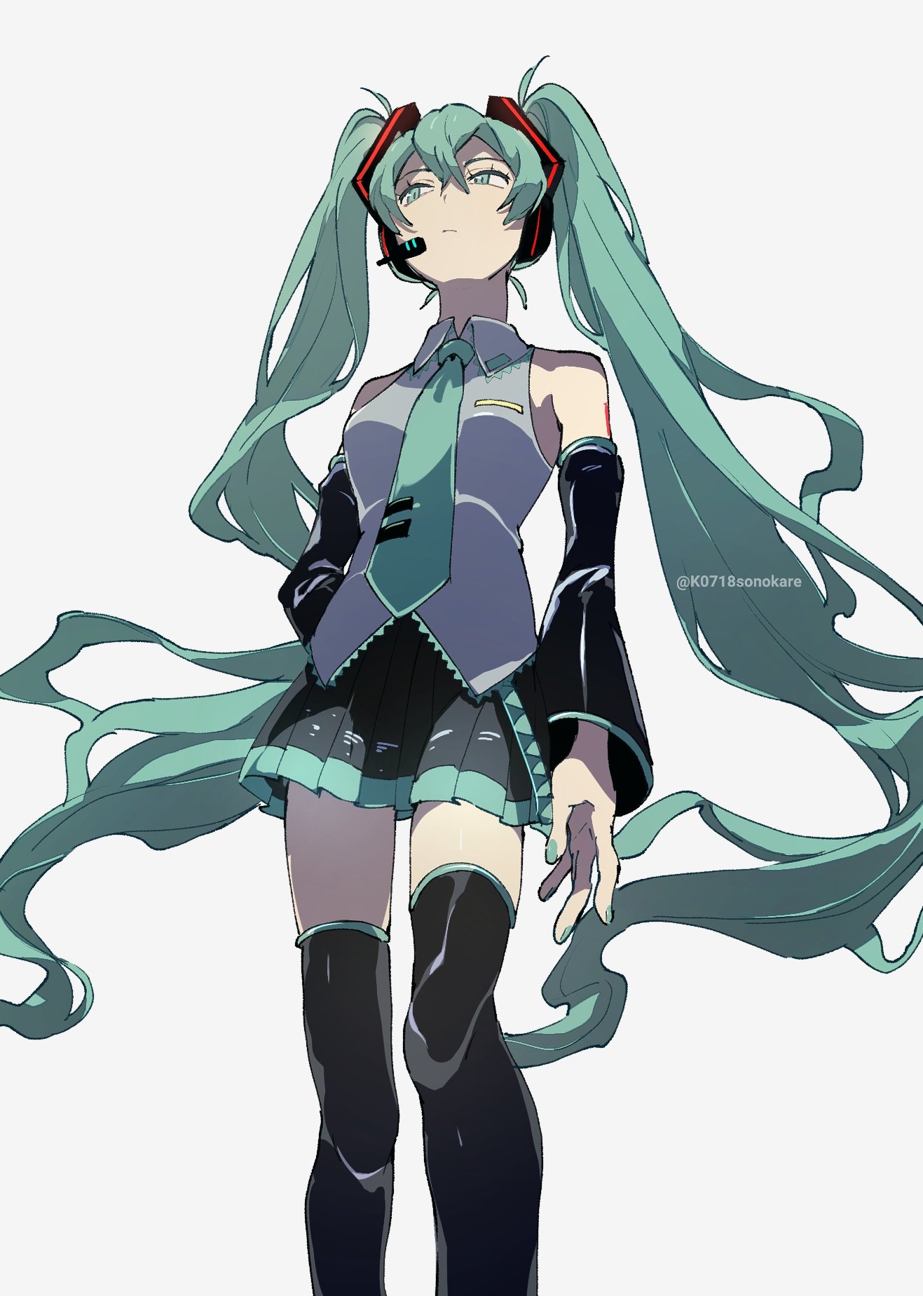 sonokare, hatsune miku, vocaloid, bad id, bad twitter id, highres, inactive account, 1girl, aqua eyes, aqua hair, aqua nails, aqua necktie, aqua trim, arm at side, arm behind back, bare shoulders, between breasts, black sleeves, black thighhighs, breasts, closed mouth, collared shirt, detached sleeves, double-parted bangs, feet out of frame, from below, grey background, grey shirt, hair between eyes, hair ornament, headphones, headset, light frown, long hair, long sleeves, looking to the side, miniskirt, nail polish, necktie, necktie between breasts, pleated skirt, shirt, shoulder tattoo, simple background, skirt, sleeveless, sleeveless shirt, small breasts, solo, standing, tattoo, thighhighs, tie clip, twintails, twitter username, very long hair, wide sleeves, zettai ryouiki
