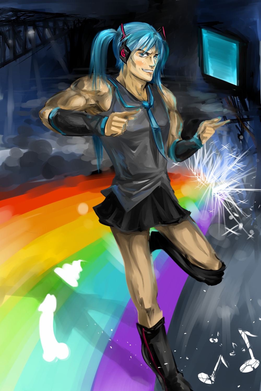 hatsune miku, hatsune mikuo, vocaloid, gender request, highres, 1boy, genderswap, grin, male focus, rainbow, smile, solo