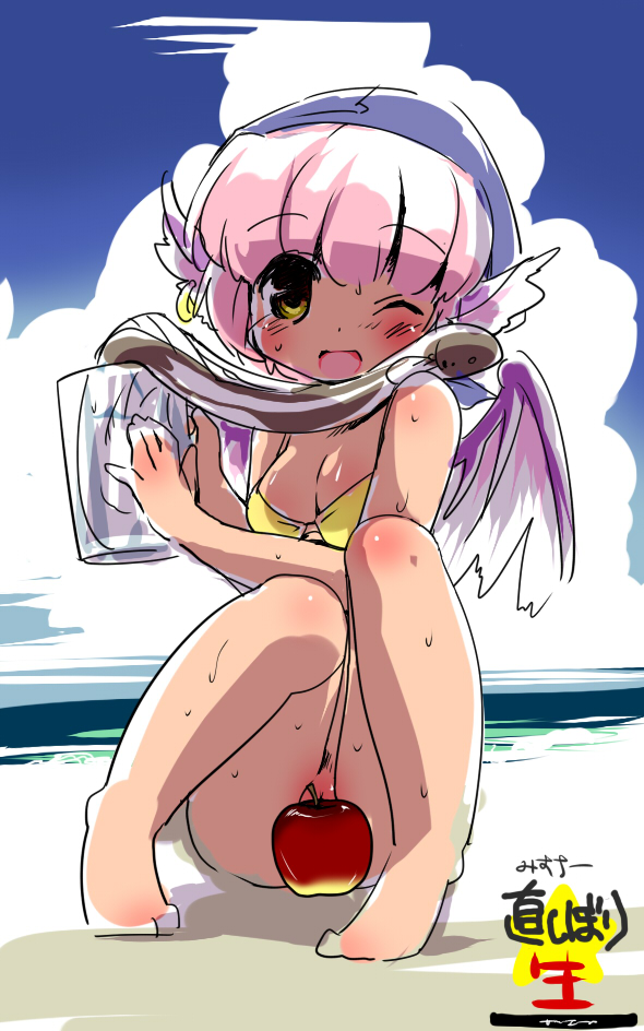ikuta takanon, mystia lorelei, touhou, 1girl, animal ears, apple, barefoot, beach, bikini, bottomless, breasts, censored, cleavage, cleft of venus, convenient censoring, day, earrings, eel, female focus, food, fruit, headscarf, jewelry, one eye closed, phallic symbol, pink hair, pussy, pussy peek, sexually suggestive, short hair, sketch, smile, solo, swimsuit, wet, wings, wink, yellow eyes, yonic symbol