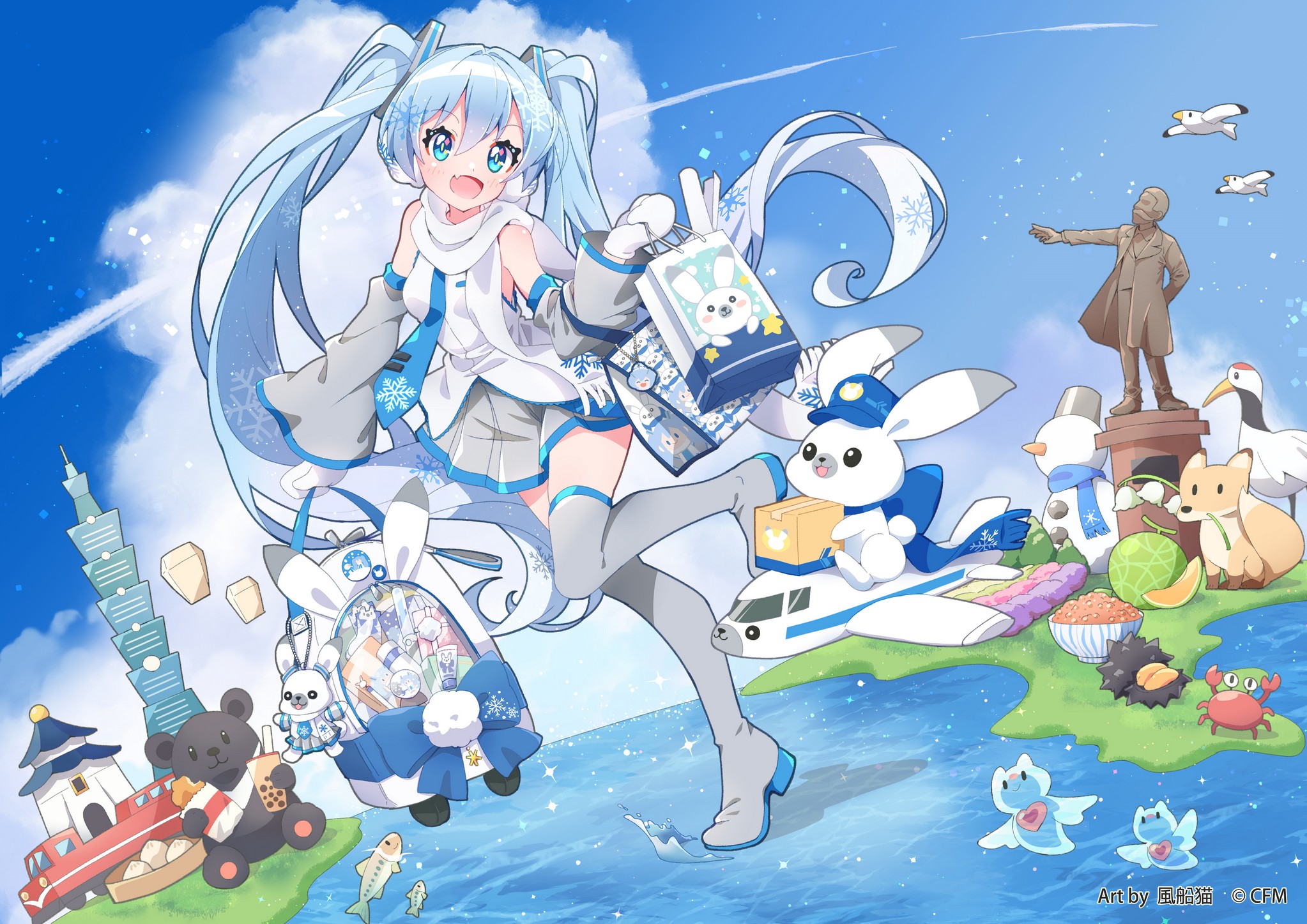 fuusen neko, hatsune miku, rabbit yukine, yuki miku, yuki miku (2011), vocaloid, commentary request, highres, 1girl, aircraft, airplane, animal, aqua hair, bare shoulders, bear, blue eyes, blue necktie, blue scarf, blue trim, boots, cloud, crab, detached sleeves, double-parted bangs, floating, food, fox, fringe trim, fruit, full body, grey boots, grey skirt, hair between eyes, hair ornament, headphones, headset, long hair, looking at viewer, melon, miniskirt, mittens, necktie, official alternate costume, open mouth, pleated skirt, rabbit, scarf, sea angel, sea urchin, shiny clothes, shirt, skirt, sleeveless, sleeveless shirt, smile, snow, snowflake print, snowman, standing, standing on one leg, structure, thigh boots, thighhighs, twintails, very long hair, white mittens, white rabbit (animal), white shirt, white sleeves, wide sleeves, zettai ryouiki