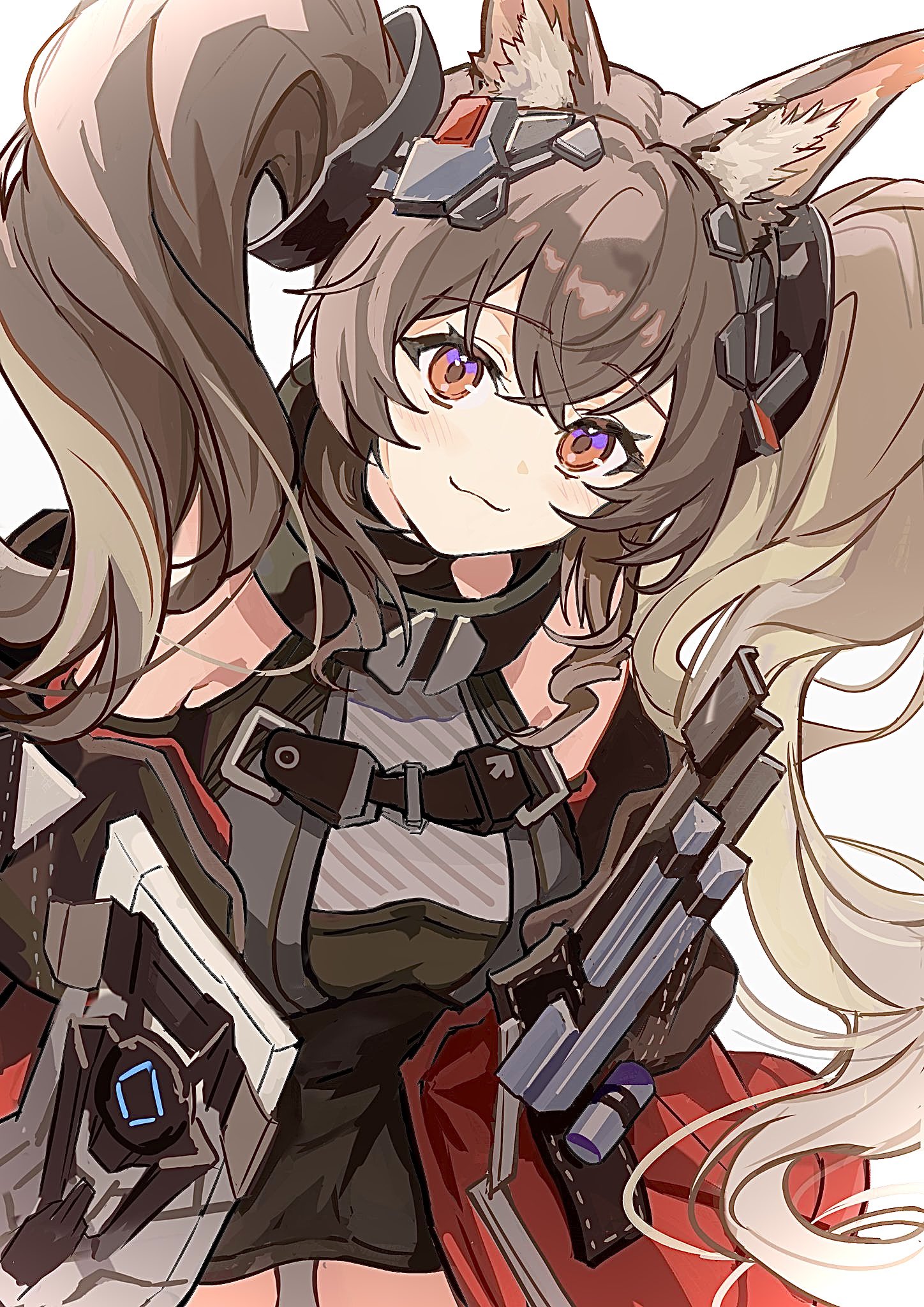 touchika, angelina (arknights), gilberta (arknights), arknights, arknights: endfield, commentary request, highres, 1girl, :3, animal ear fluff, animal ears, bare shoulders, blush, brown hair, coat, dot nose, dress, fox ears, fox girl, grey dress, hair intakes, headgear, high collar, impossible clothes, impossible dress, leaning forward, long hair, long sleeves, looking at viewer, off shoulder, open clothes, open coat, orange eyes, red coat, simple background, sleeveless, sleeveless dress, solo, twintails, very long hair, white background