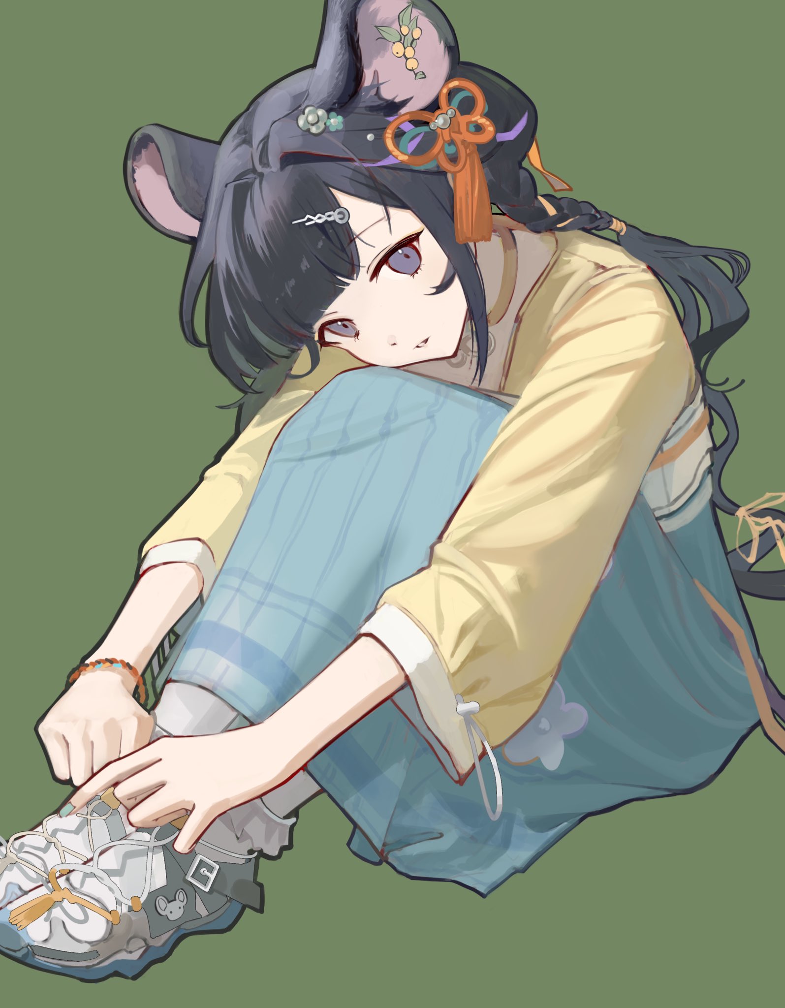 nnicoinu, lutonada (arknights), arknights, commentary request, highres, 1girl, animal ear fluff, animal ears, black hair, blue skirt, brown shirt, green background, grey eyes, knees up, long hair, long sleeves, looking at viewer, pantyhose, shirt, shoes, sitting, skirt, solo, very long hair, white pantyhose, white shoes, wide sleeves