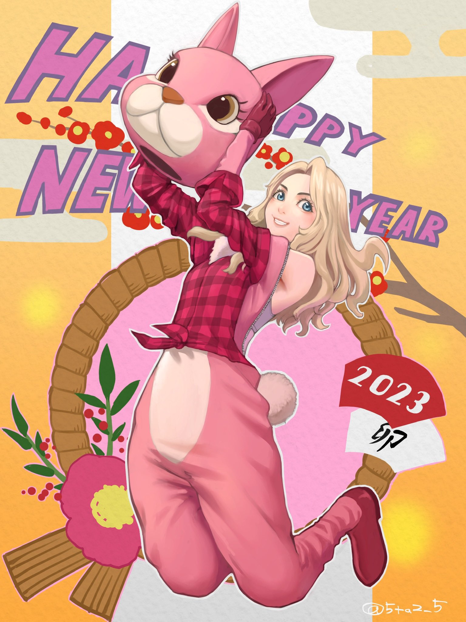 5tatsu, becca woolett, resident evil, resident evil: resistance, commentary request, highres, 1girl, 2023, animal costume, blonde hair, blue eyes, chinese zodiac, full body, happy new year, long hair, new year, official alternate costume, parted bangs, parted lips, plaid clothes, plaid skirt, rabbit costume, red shirt, red shoes, shirt, shoes, skirt, smile, solo, teeth, twitter username, year of the rabbit