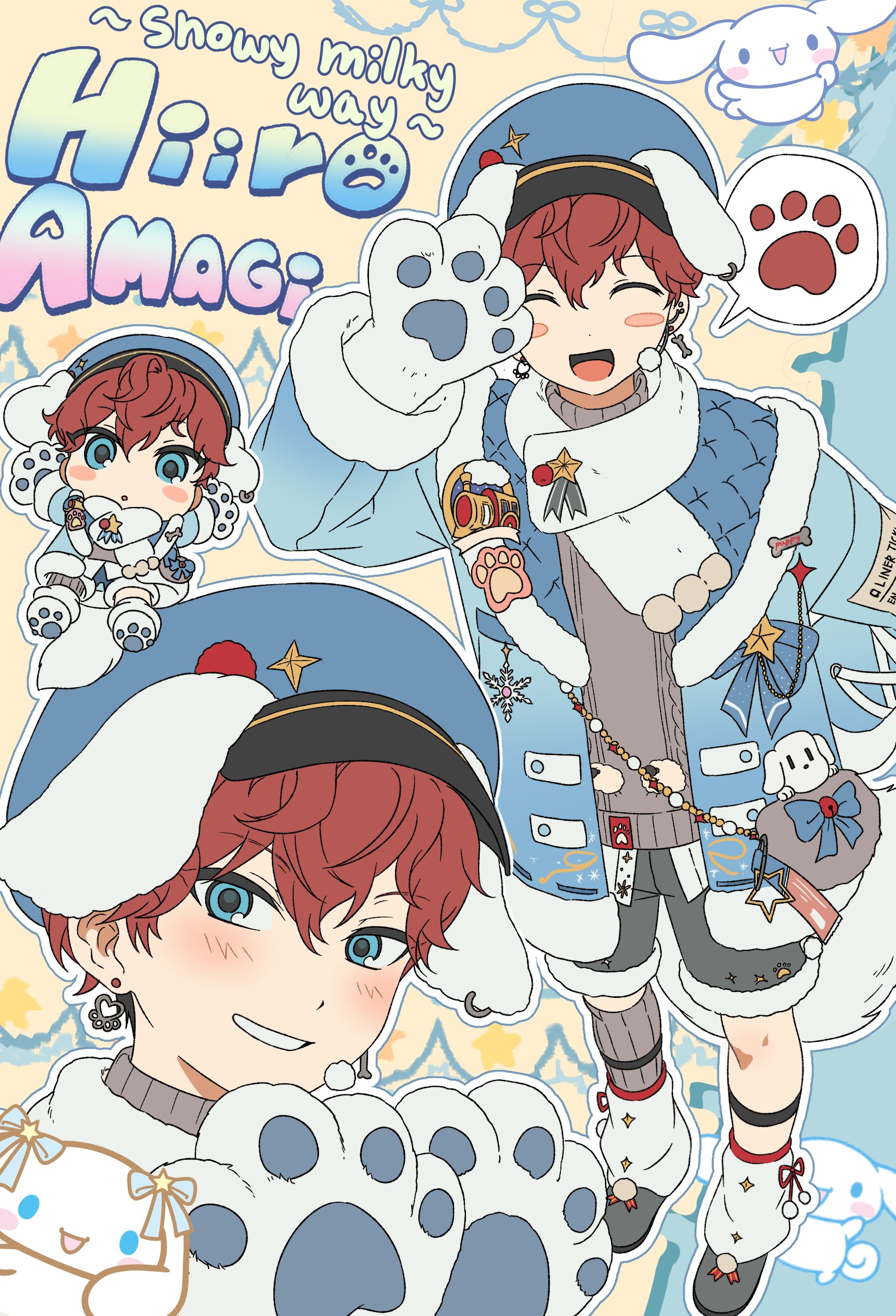 gongnam, amagi hiiro, cinnamoroll, ensemble stars!, sanrio, absurdres, highres, 1boy, :o, animal ears, animal hands, bag, beads, blue eyes, bone earrings, character name, clenched teeth, crossover, dog, dog ears, dot nose, earrings, facing viewer, hand up, hat, jewelry, layered clothes, legband, long sleeves, looking at viewer, male focus, official alternate costume, parted lips, paw print, red hair, scarf, short hair, shorts, smile, snowflakes, speech bubble, spotlight time (ensemble stars!), star (symbol), teeth, turtleneck