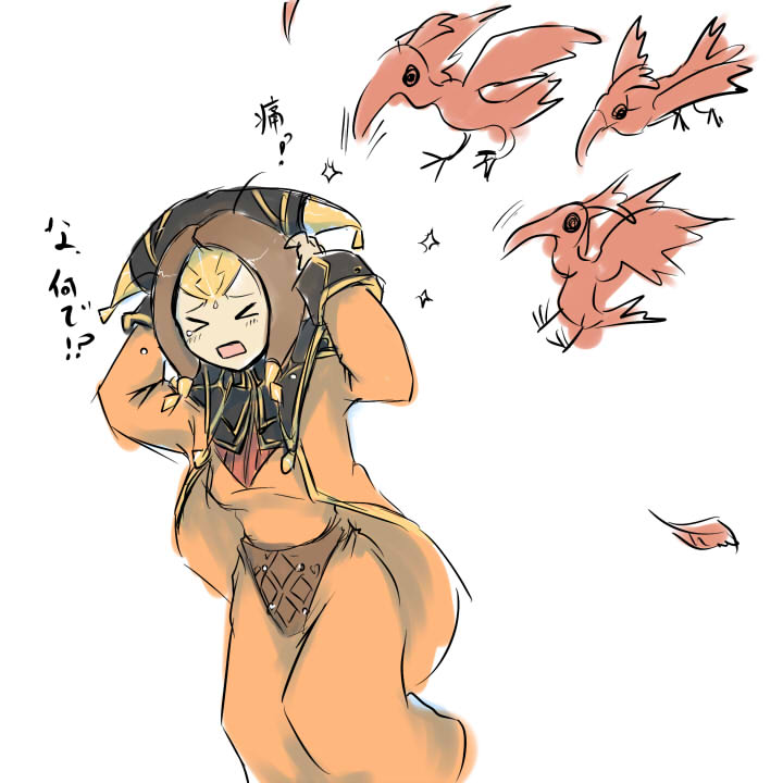 shiriana, yve'noile, final fantasy, final fantasy xi, > <, 00s, 1girl, bird, brown hair, closed eyes, dress, female focus, hat, long hair, open mouth, solo, white background