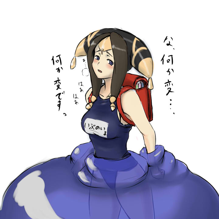 shiriana, yve'noile, final fantasy, final fantasy xi, 00s, 1girl, backpack, bag, blue eyes, blush, breasts, brown hair, female focus, hat, long hair, one-piece swimsuit, randoseru, restrained, simple background, solo, swimsuit, white background