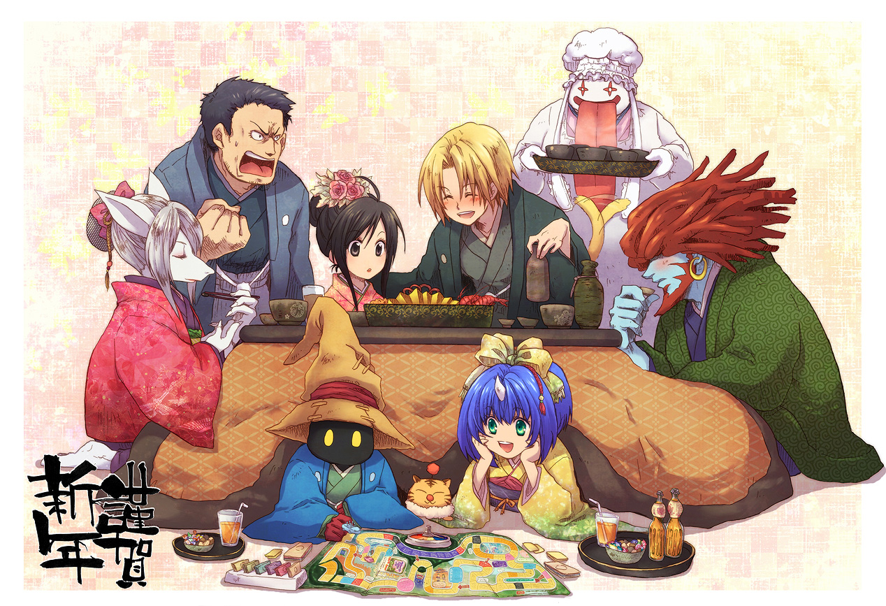 niwa toriko, adelbert steiner, amarant coral, eiko carol, freya crescent, garnet til alexandros xvii, moogle, quina quen, vivi ornitier, zidane tribal, final fantasy, final fantasy ix, silver hair, bad id, bad pixiv id, 00s, 3girls, 4boys, black hair, blonde hair, blue hair, blue skin, blush, burmecian, child, colored skin, drunk, food, furry, gloves, green eyes, hair ornament, hat, horns, japanese clothes, kimono, kotatsu, long tongue, multiple boys, multiple girls, red hair, short hair, single horn, table, tail, tongue, tongue out