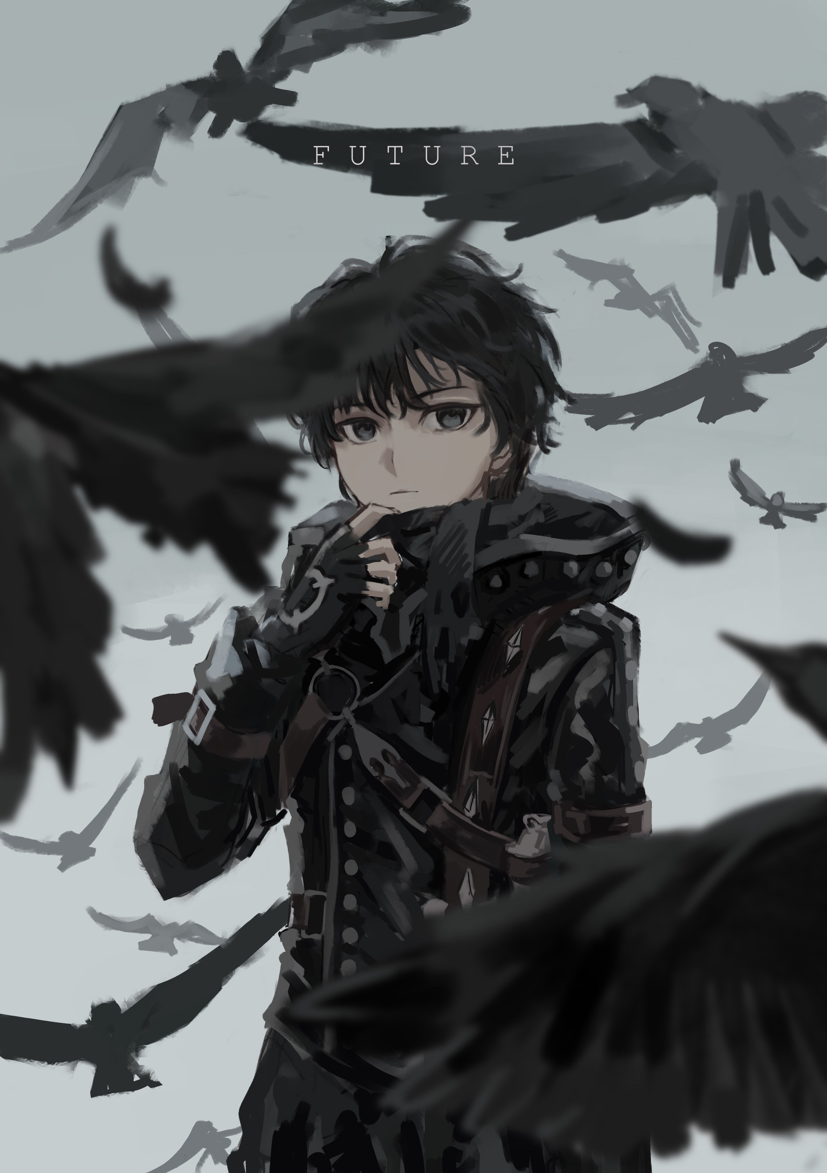 sigma (fate), fate/strange fake, fate (series), absurdres, commentary request, highres, 1boy, animal, baixiang1234567, bird, black bird, black eyes, black hair, black jacket, closed mouth, english text, expressionless, fingerless gloves, gloves, grey background, hood, hood down, hooded jacket, jacket, long sleeves, looking at viewer, male focus, short hair, simple background