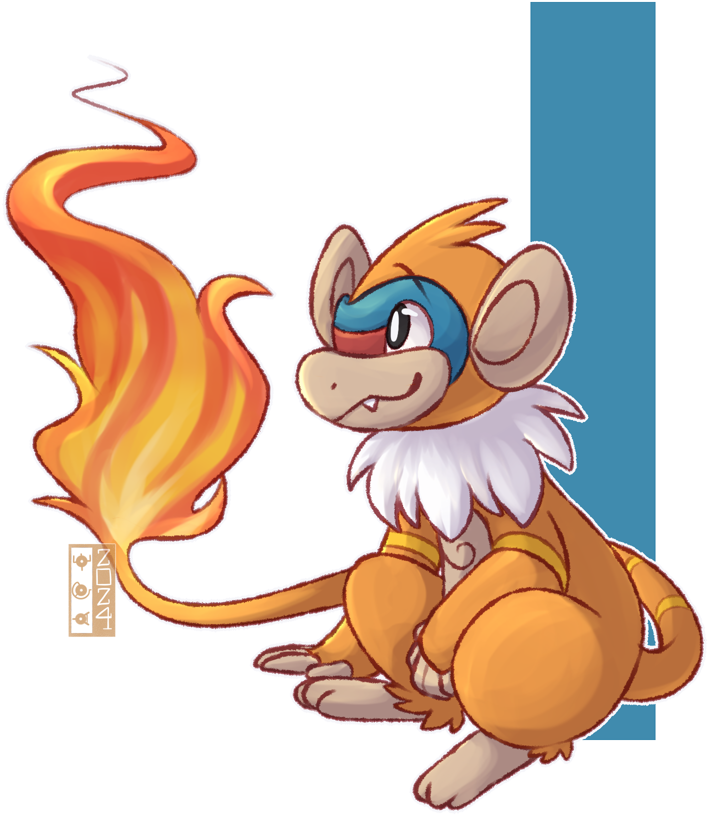 dualcosmog, monferno, nintendo, pokemon, highres, brown fur, fire, flame-tipped tail, full body, gen 4 pokemon, no humans, outline, pokemon (creature), sitting, solo, tail, white outline