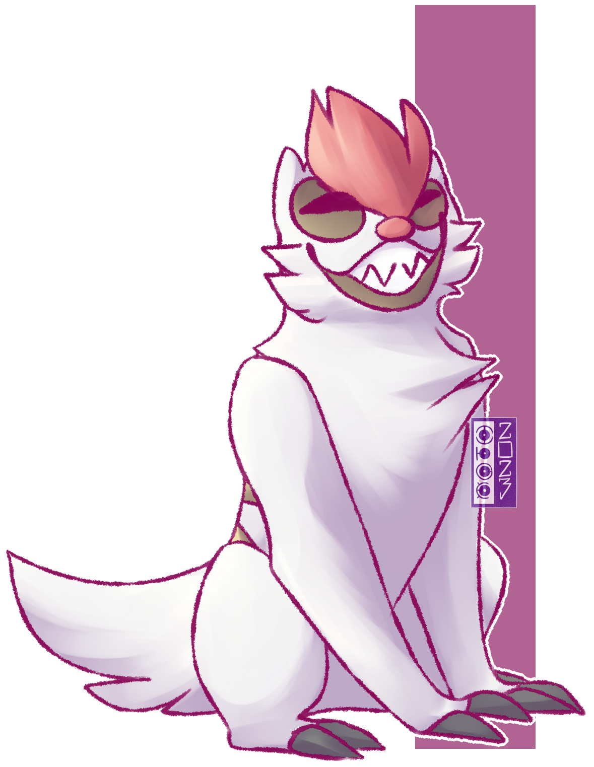 dualcosmog, vigoroth, nintendo, pokemon, highres, claws, closed eyes, full body, gen 3 pokemon, grin, no humans, outline, pokemon (creature), sitting, smile, solo, white fur, white outline