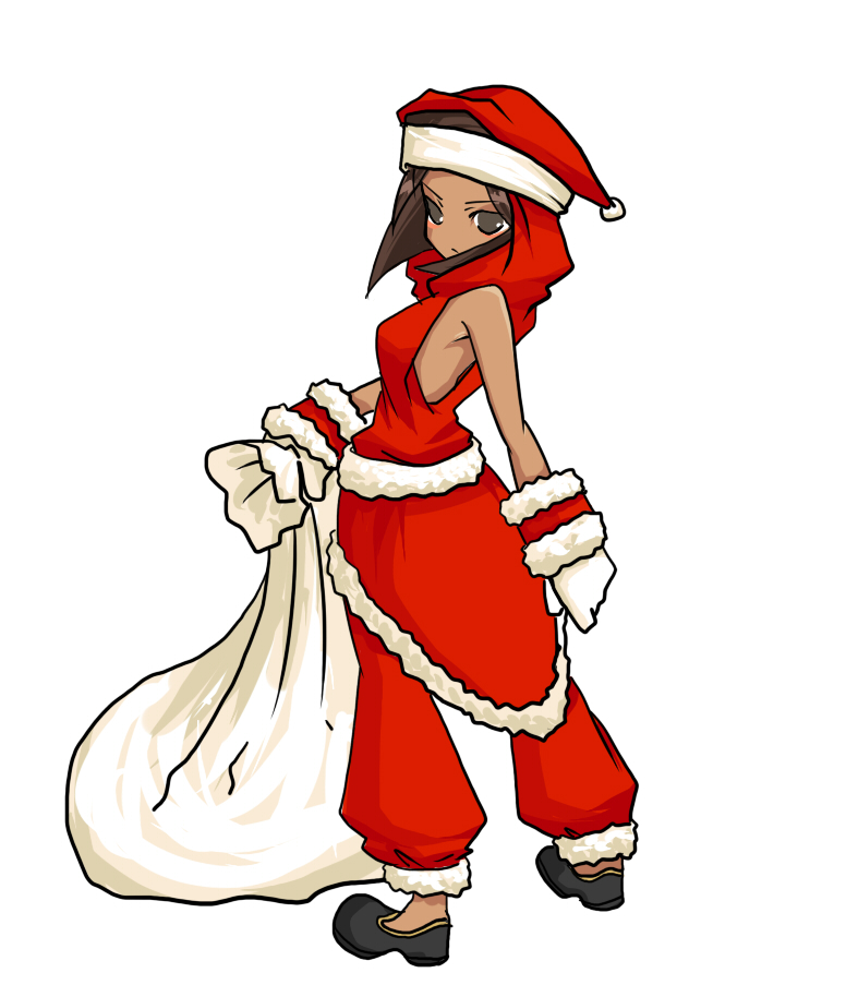 tun, rapha galthena, final fantasy, final fantasy tactics, 1girl, bag, bare shoulders, brown eyes, brown hair, christmas, dark-skinned female, dark skin, female focus, full body, hat, long hair, looking back, santa costume, santa hat, simple background, solo, white background