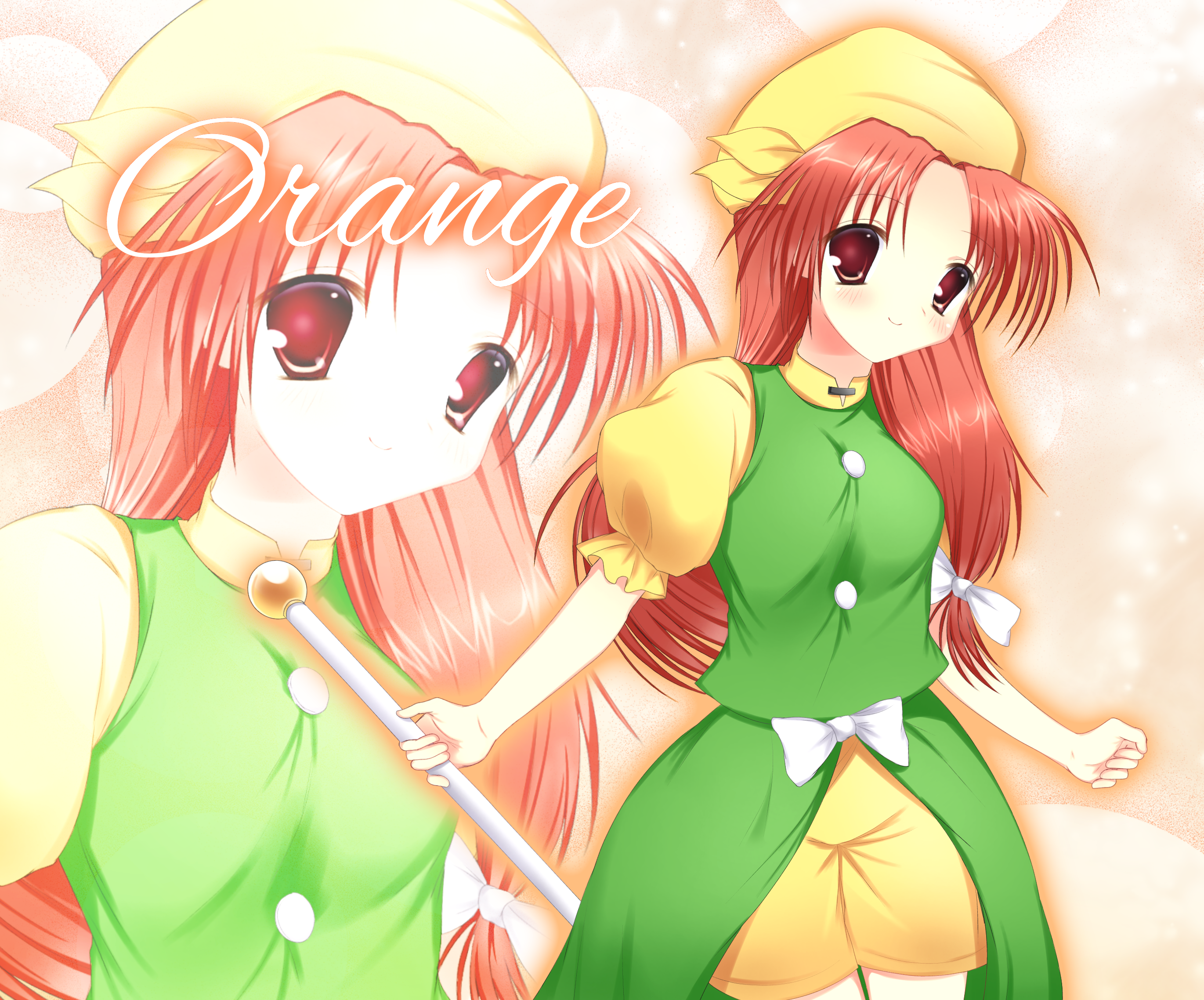 orange (touhou), touhou, touhou (pc-98), highres, 1girl, 2000s (style), banananayomi, bandana, blush, bow, breasts, buttons, character name, collared shirt, green sweater vest, hair bow, holding, long hair, puffy short sleeves, puffy sleeves, red eyes, red hair, shirt, short sleeves, shorts, smile, solo, sweater vest, twirl baton, waist bow, waist cape, white bow, yellow bandana, yellow shirt, yellow shorts