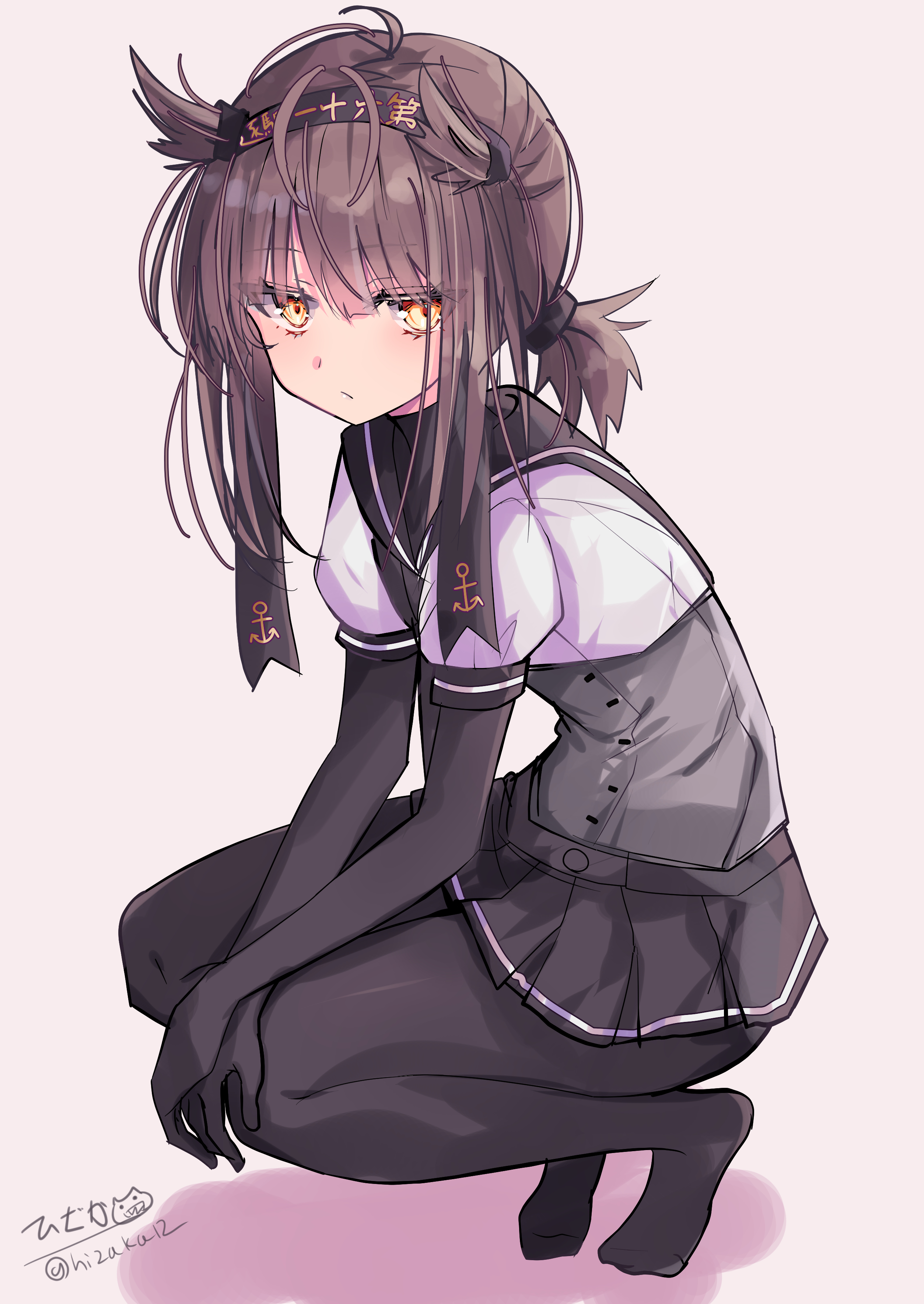 hizaka, hatsuzuki (kancolle), kantai collection, absurdres, commentary request, highres, 1girl, ahoge, anchor symbol, black bodysuit, black hairband, black sailor collar, black skirt, bodysuit, brown hair, corset, flower, from side, full body, grey corset, hair between eyes, hair flower, hair ornament, hair ribbon, hairband, long hair, looking at viewer, low ponytail, medium hair, microskirt, one-hour drawing challenge, pleated skirt, ponytail, ribbon, sailor collar, shadow, shirt, short hair, sidelocks, signature, simple background, skirt, solo, squatting, twitter username, white background, white shirt