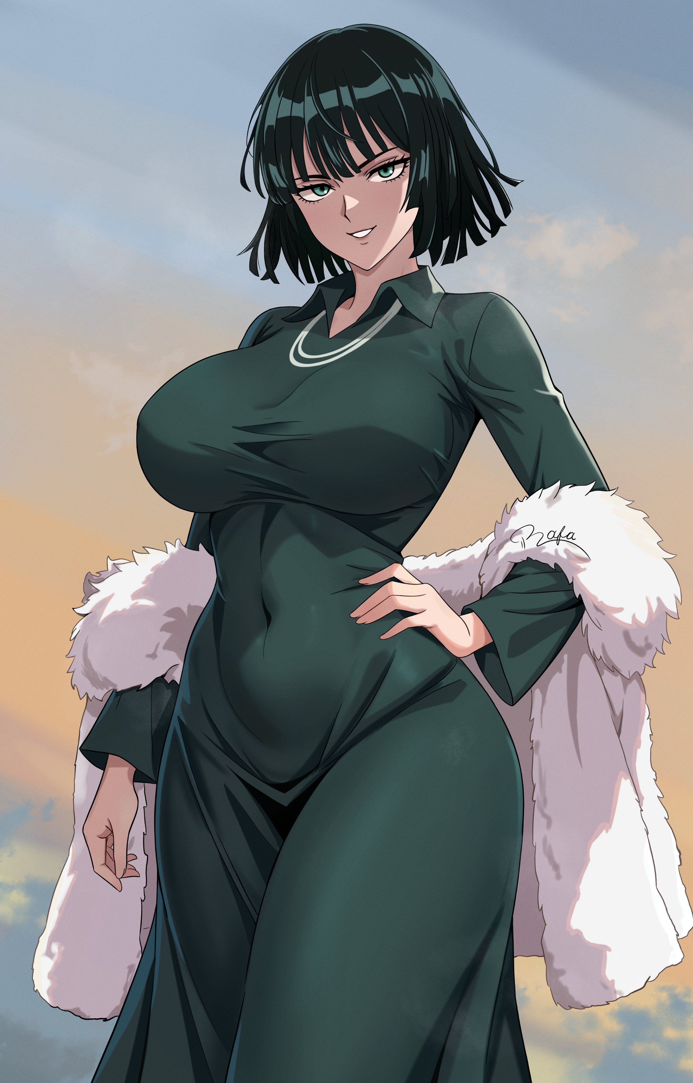 string rafart, fubuki (one-punch man), one-punch man, absurdres, commentary, english commentary, highres, 1girl, arm at side, collared dress, cowboy shot, dress, fur jacket, green dress, green eyes, green hair, grin, hand on own hip, jacket, jewelry, long sleeves, looking at viewer, necklace, off shoulder, short hair, smile, solo, standing, white jacket