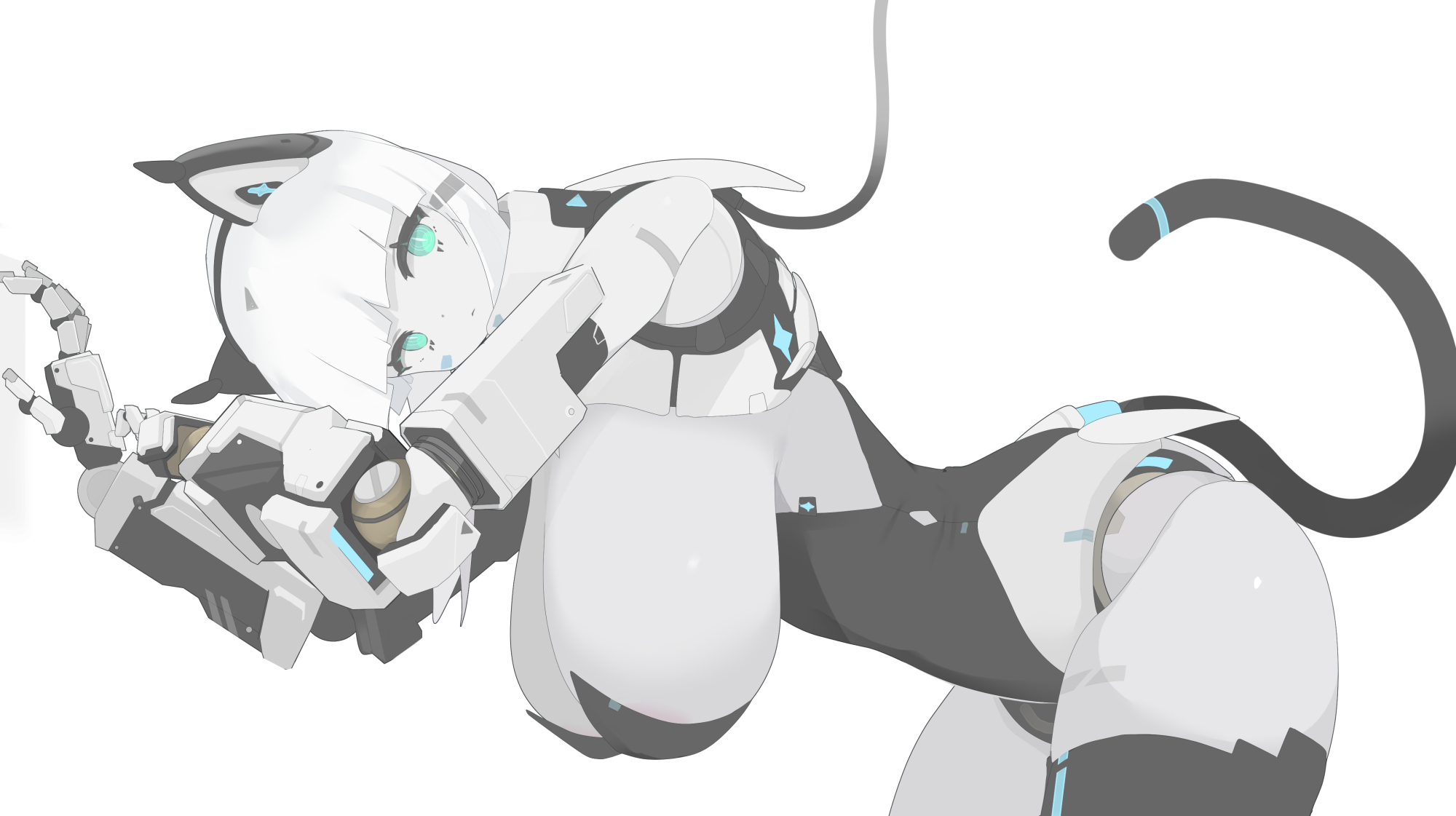 nanatsuki sousuke, original, commentary request, highres, 1girl, android, animal ears, aqua eyes, black leotard, breasts, cable, cat ears, cat girl, cat tail, cowboy shot, from side, grey hair, hanging breasts, huge breasts, joints, leaning forward, leotard, looking at viewer, mechanical arms, mechanical ears, mechanical hands, mechanical tail, neckerchief, robot girl, robot joints, simple background, solo, strapless, strapless leotard, tail, white background, white neckerchief