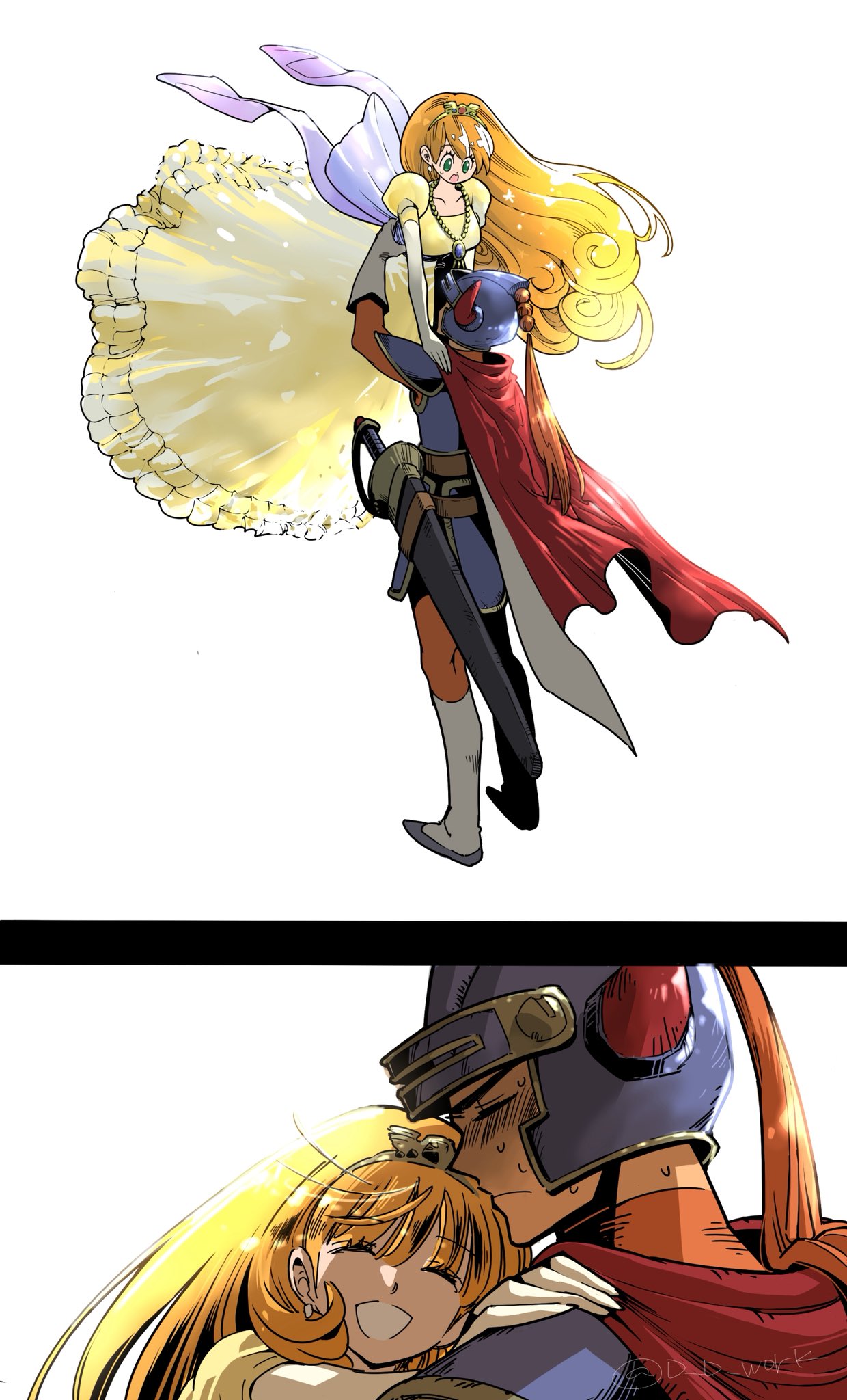 d d work, hero (dq1), princess laura, dragon quest, dragon quest i, commentary request, highres, 1boy, 1girl, back bow, belt, black border, blue eyes, blue tunic, blush, bodysuit, boots, border, bow, breasts, brown belt, cape, closed eyes, couple, curly ends, dress, earrings, elbow gloves, fake horns, full body, gloves, grey boots, grey gloves, hair between eyes, hand on another's shoulder, helmet, hetero, horned helmet, horns, jewelry, light frown, long dress, long hair, medium breasts, orange bodysuit, orange hair, parted lips, pendant, plume, puffy short sleeves, puffy sleeves, red cape, sheath, sheathed, short sleeves, smile, standing, sweat, sword, teeth, tiara, tunic, upper body, weapon, white background, white gloves, yellow dress