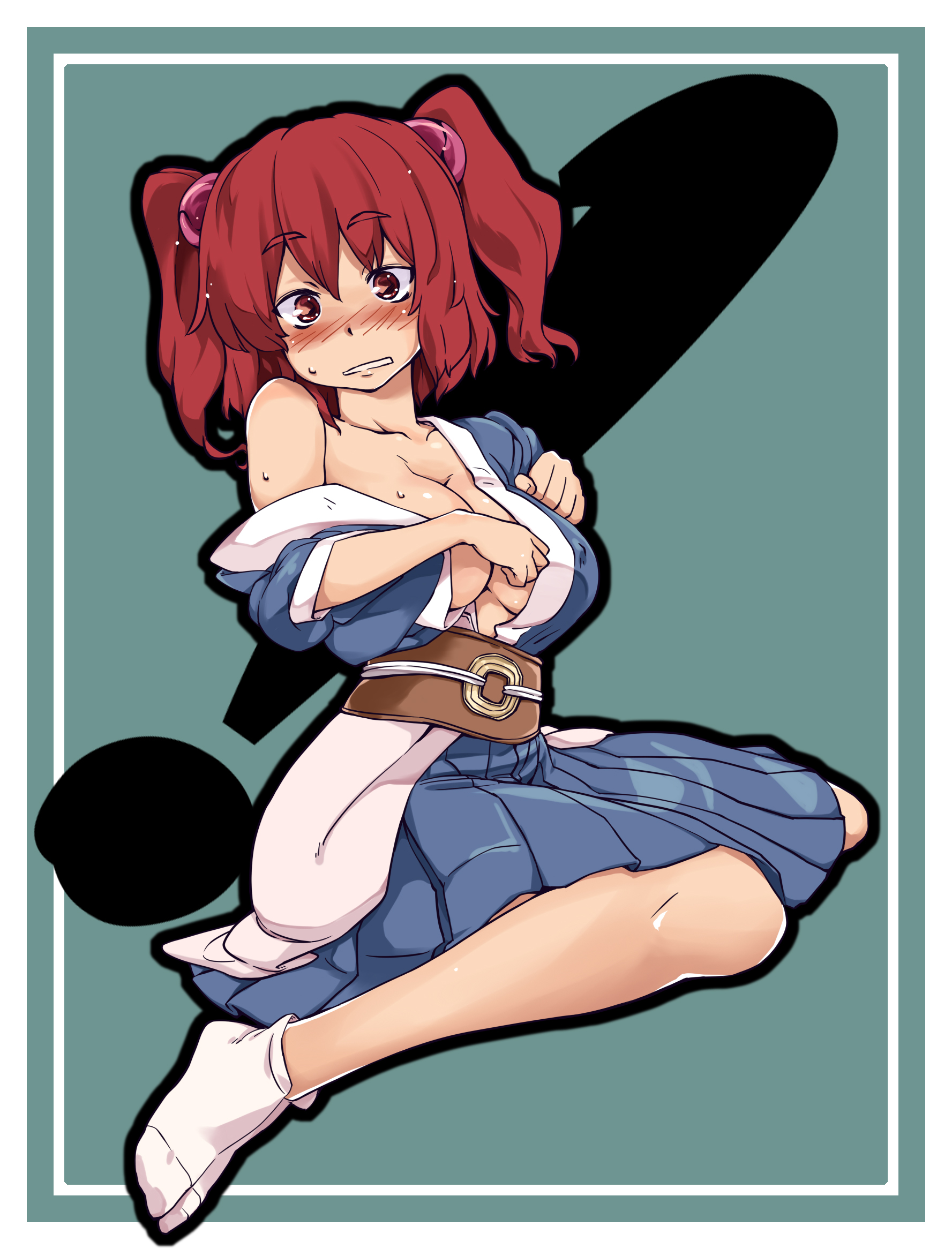 kariinu, onozuka komachi, touhou, bad id, bad pixiv id, highres, 1girl, blush, breasts, cleavage, covered erect nipples, female focus, large breasts, red hair, socks, solo, sweat, twintails, two side up